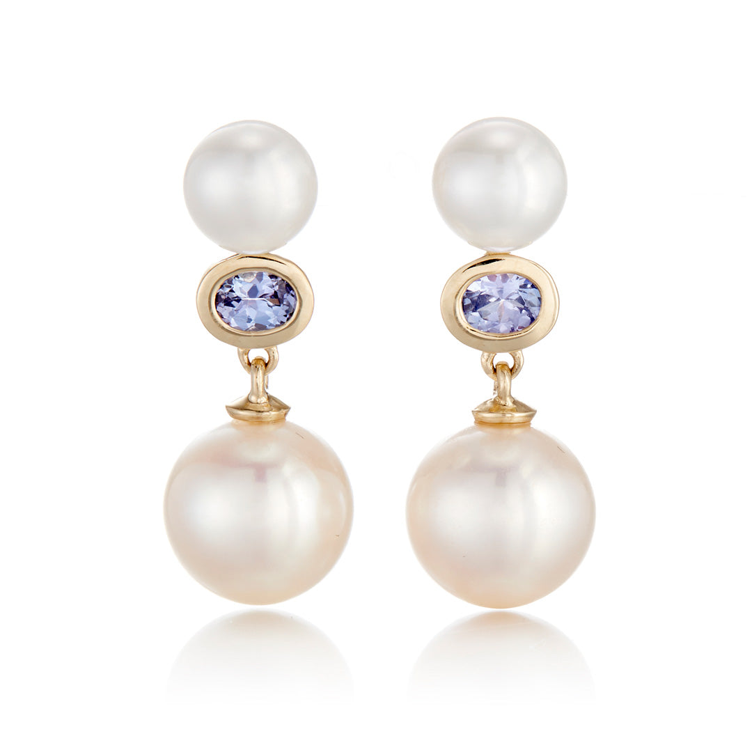 Odéon Pearl and Tanzanite Drop Earrings for Women - Elegant Dangling Jewelry for Weddings, Parties & Special Occasions