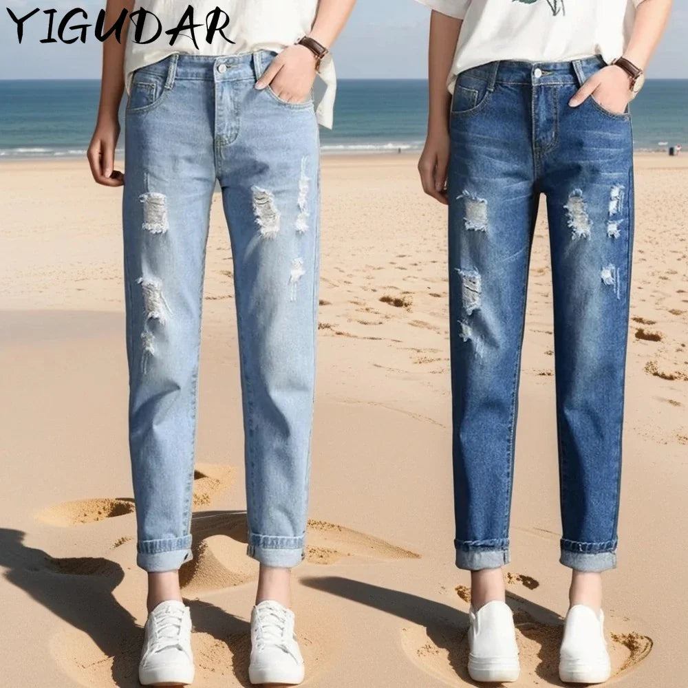 Trendy Women's Mid Waist Boyfriend Jeans with Ripped Holes - Vintage Y2K High Street Denim Pants for Casual Wear | Perfect for Street Style, Date Nights & Everyday Fashion