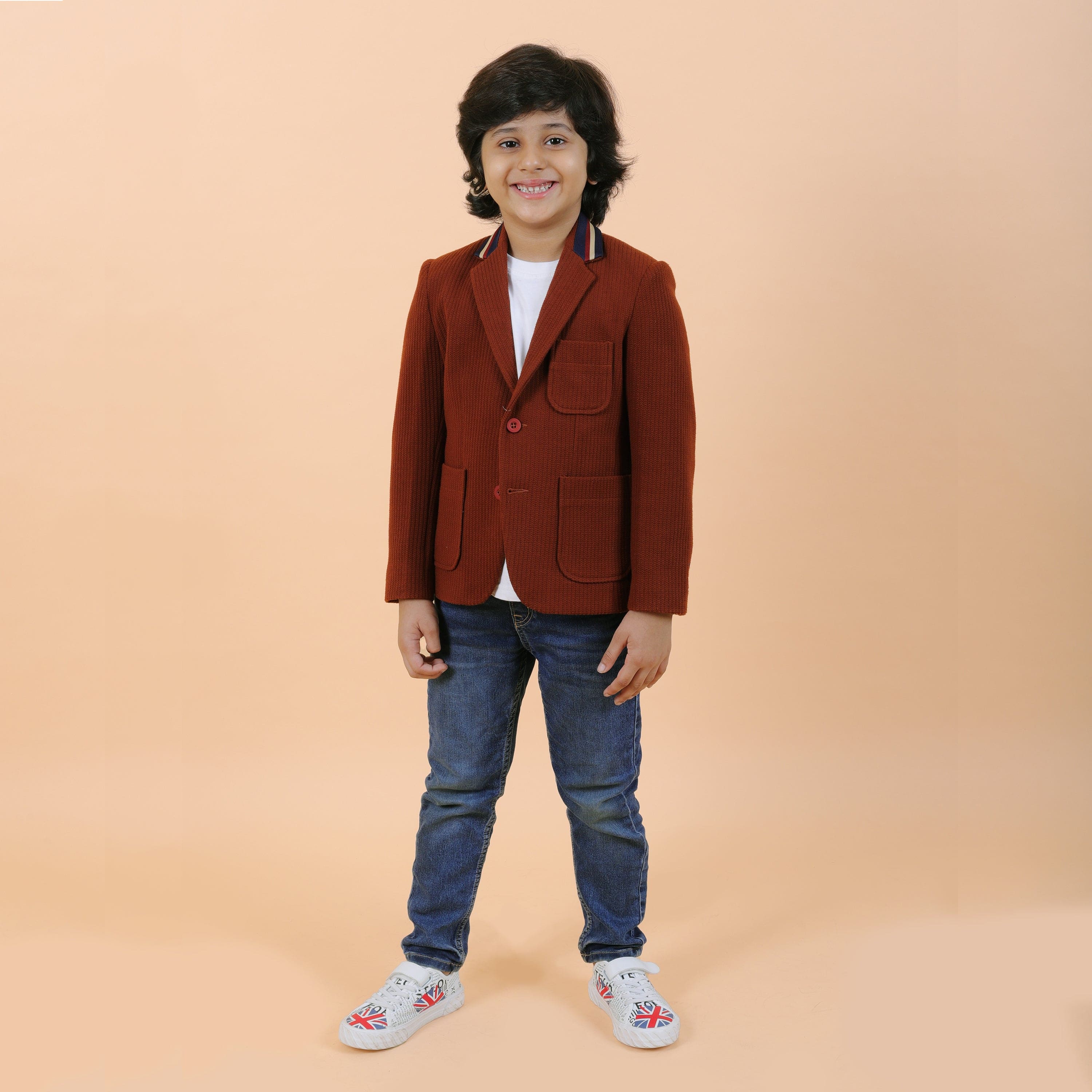 Pre Order: Stylish Brown Knit Blazer for Boys - Perfect for School, Parties & Formal Occasions