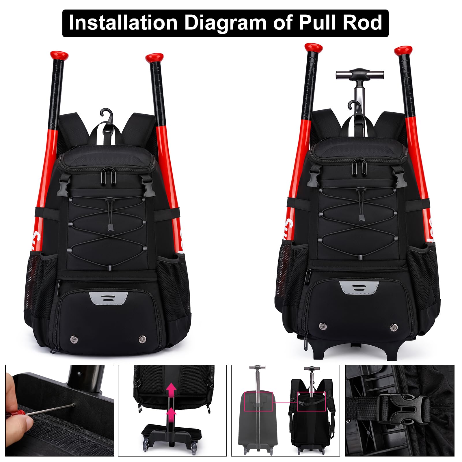 Best Youth & Adult Softball Baseball Rolling Bat Bag - Lightweight Wheeled Equipment Backpack with Shoe Compartment & Fence Hook for T-Ball & Helmet - Perfect for Games, Practice & Travel