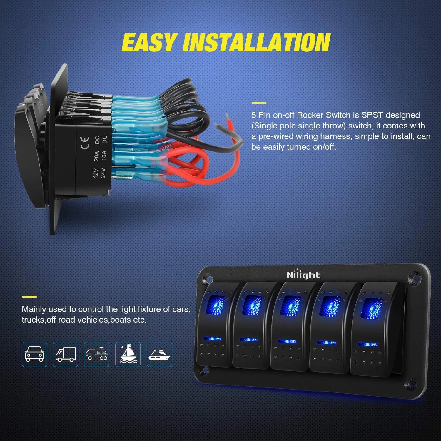 5 Gang Aluminum 5 Pin ON/Off Blue Rocker Switch Panel - Heavy Duty Marine, RV, Automotive & Industrial Use