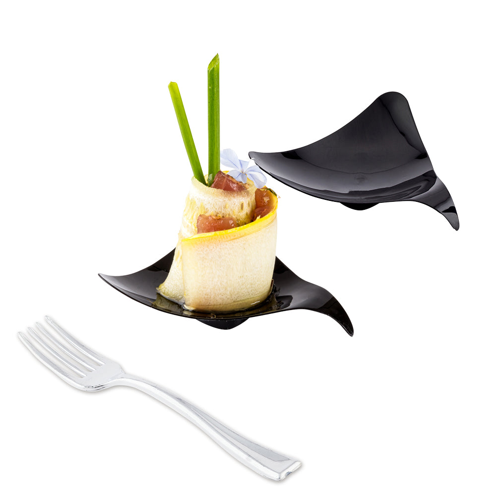100-Pack Black Triangle Plastic Shooting Star Appetizer Plates & 100 Silver Mini Forks - Perfect for Parties, Weddings, and Cocktail Events