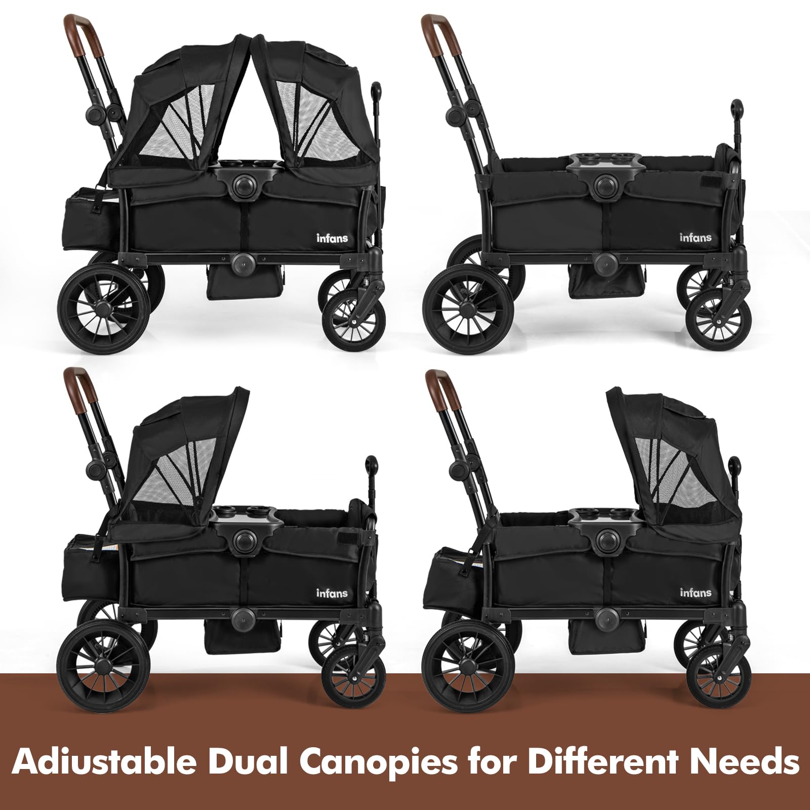 INFANS 2-in-1 Collapsible Stroller Wagon for Kids - Adjustable Push/Pull Handle, Removable Canopy & Snack Tray, Comfortable Upholstered Seats with Drop-Down Footwell - Perfect for Family Outings, Beach Trips and Park Adventures