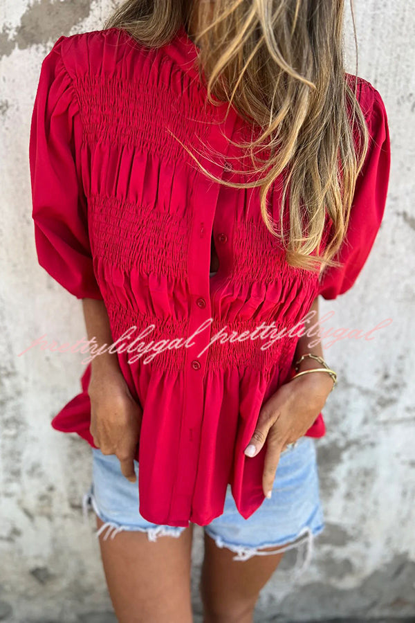 Solid Color Round Neck Button Pleated Short Sleeve Casual Shirt for Women - Summer Office Wear & Weekend Outfits