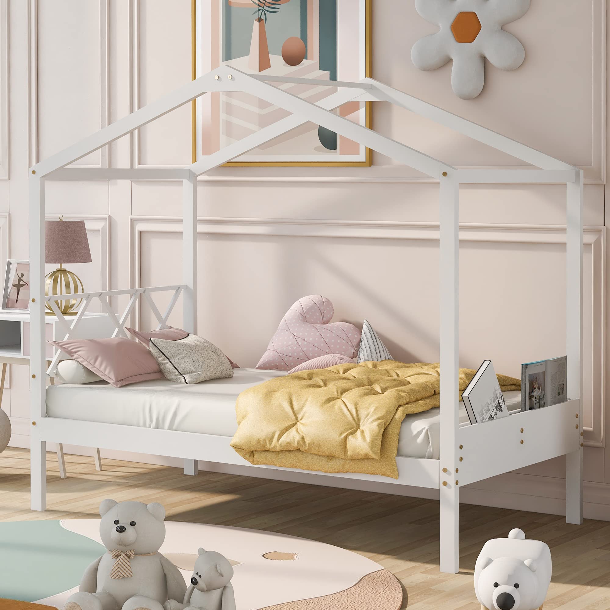 **Merax Twin Size Wooden House Bed with Storage & Roof - White Kids Bedroom Furniture for Playroom & Sleepover Decor**