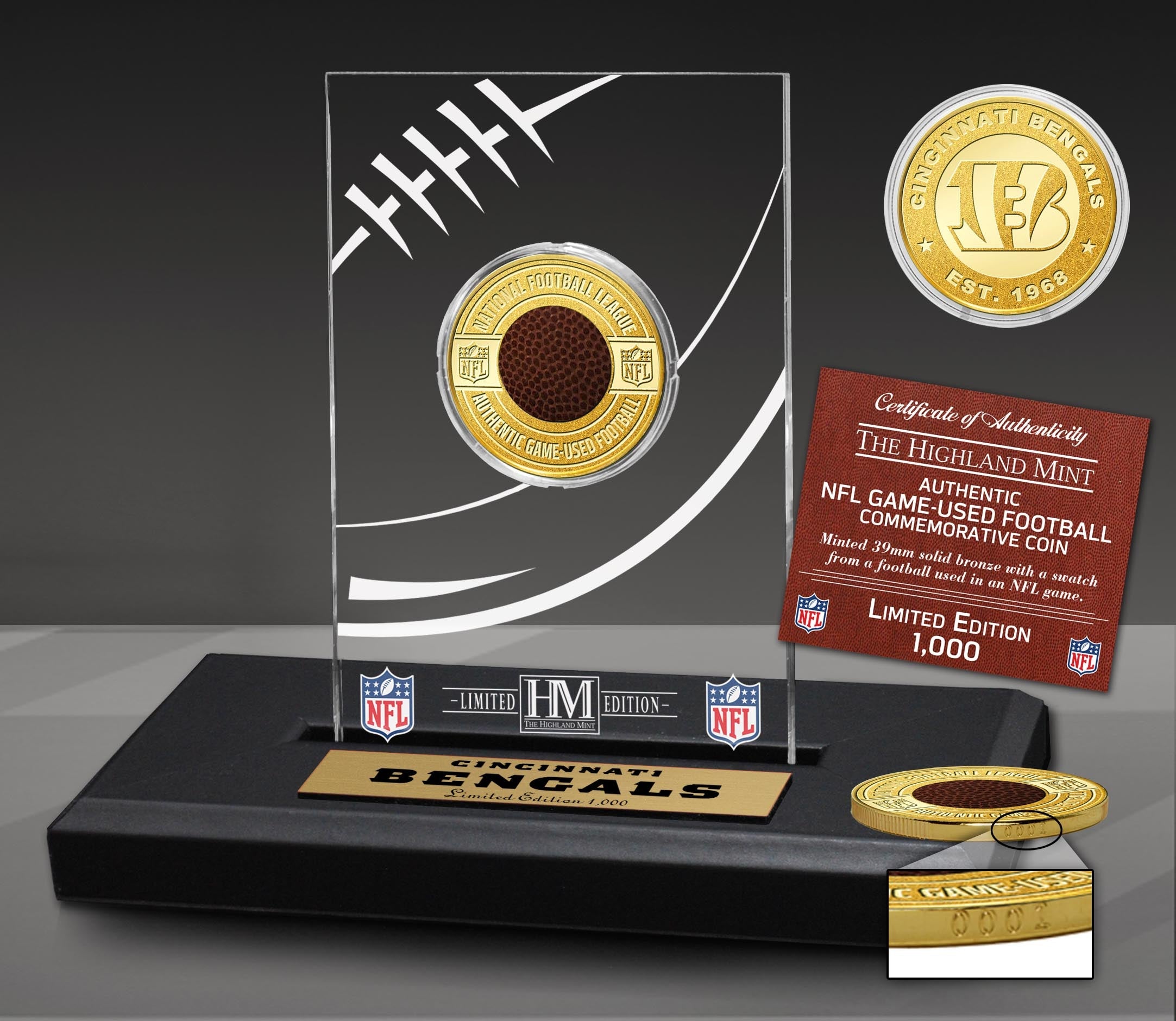 Authentic Cincinnati Bengals NFL Game-Used Football Bronze Commemorative Coin with Display Case - Perfect for Sports Collectors, Bengals Fans & Memorabilia Enthusiasts