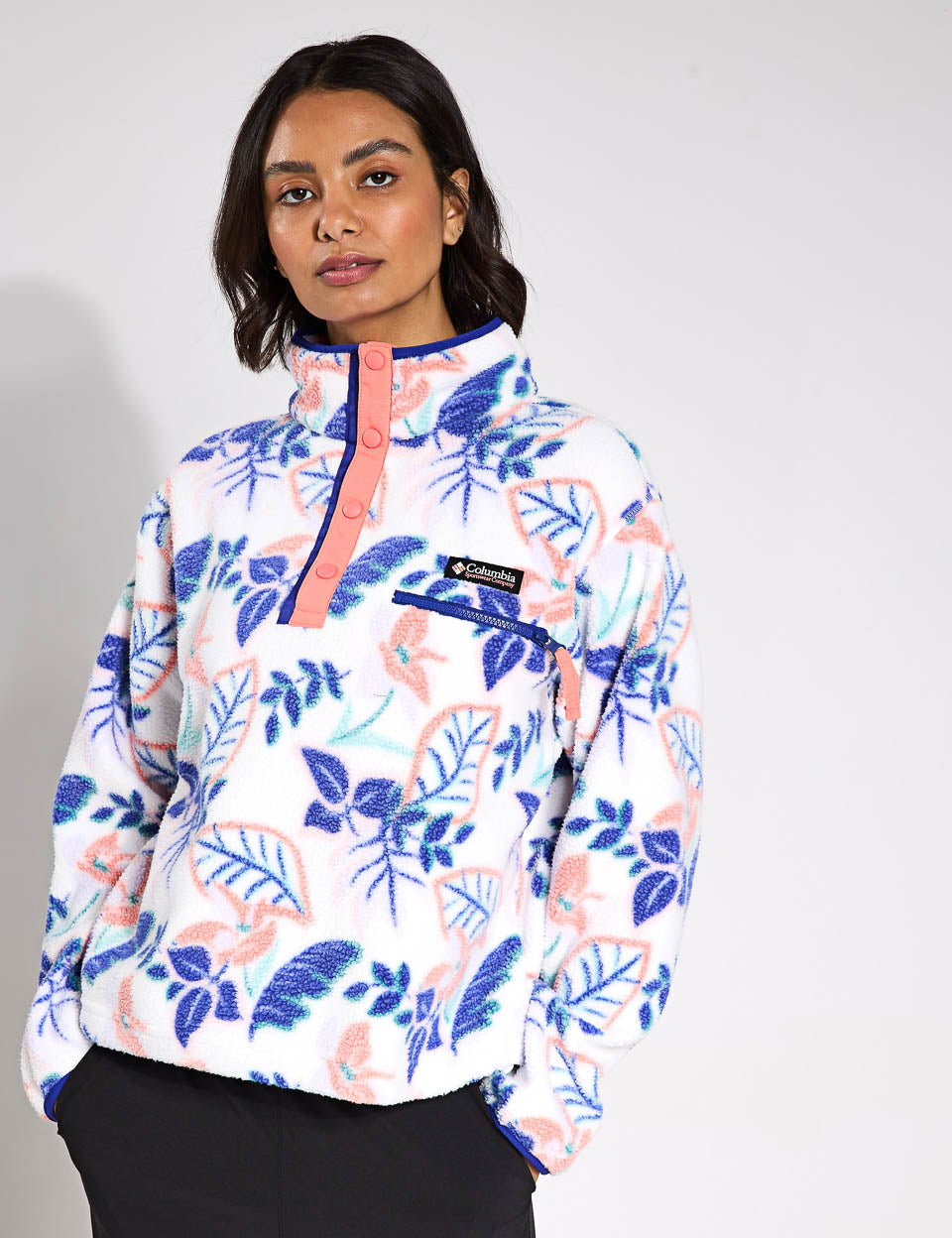 Helvetia II Cropped Sherpa Half Snap Printed Fleece Jacket - Sea Salt Pastel Multi Color | Cozy Winter Outerwear for Women, Perfect for Casual Outings & Street Style Fashion