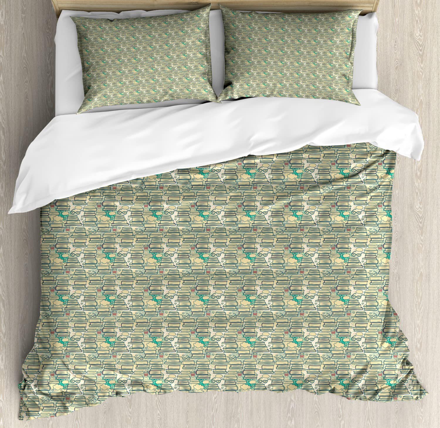 Ambesonne Book Lover Duvet Cover Set - 2 Pack Cal King Size with 4 Pillowcases, Stacks of Books Design with Thought Bubbles, Glasses, Hearts & Coffee Cups - Cream Almond Green Bedding for College Students & Book Enthusiasts - Perfect for Dorm Rooms, Reading Nooks & Cozy Bedrooms