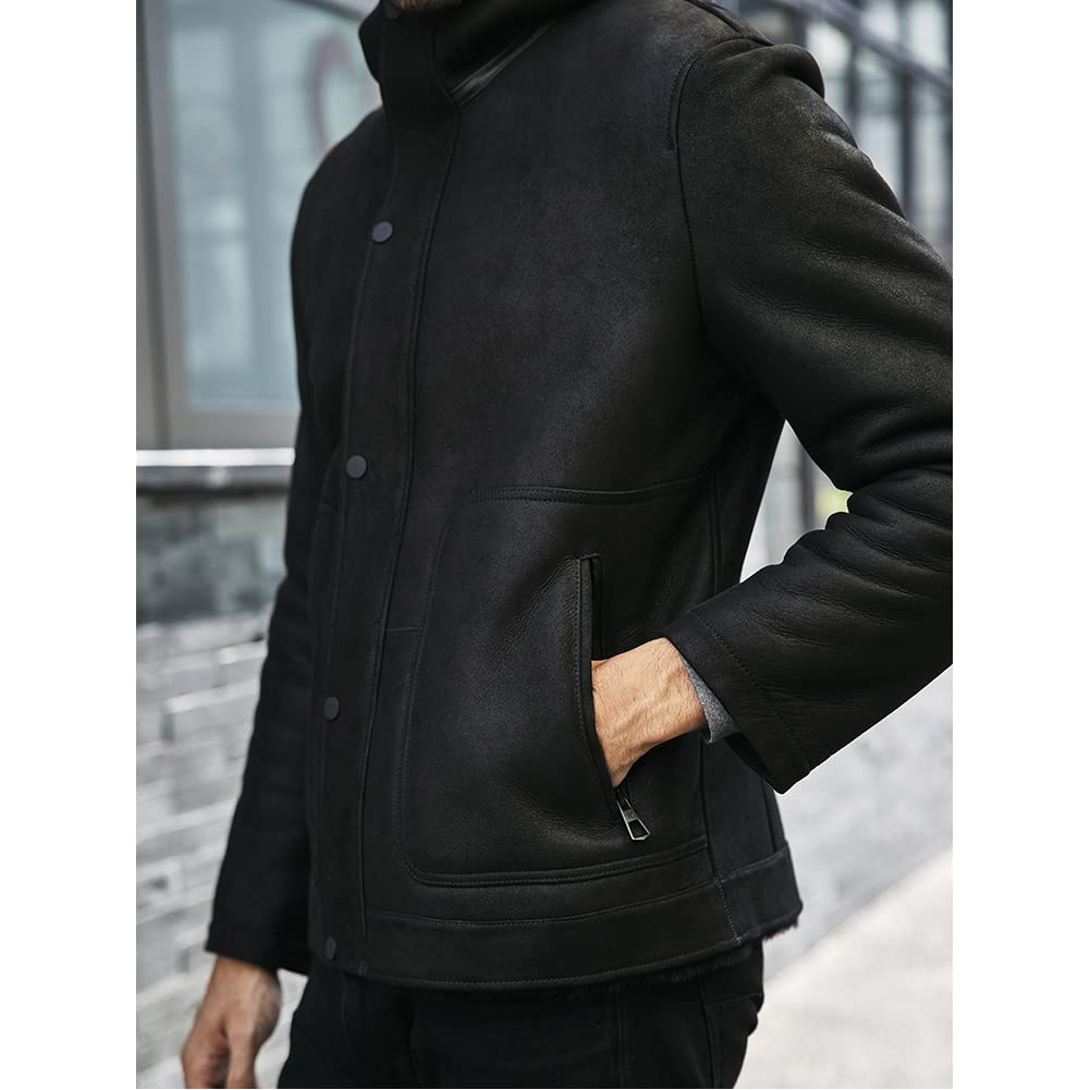 Denny&Dora Men's Shearling Jacket - Black Genuine Leather Coat with Warm Fur Lining | Winter Fashion Outerwear for Casual & Outdoor Activities