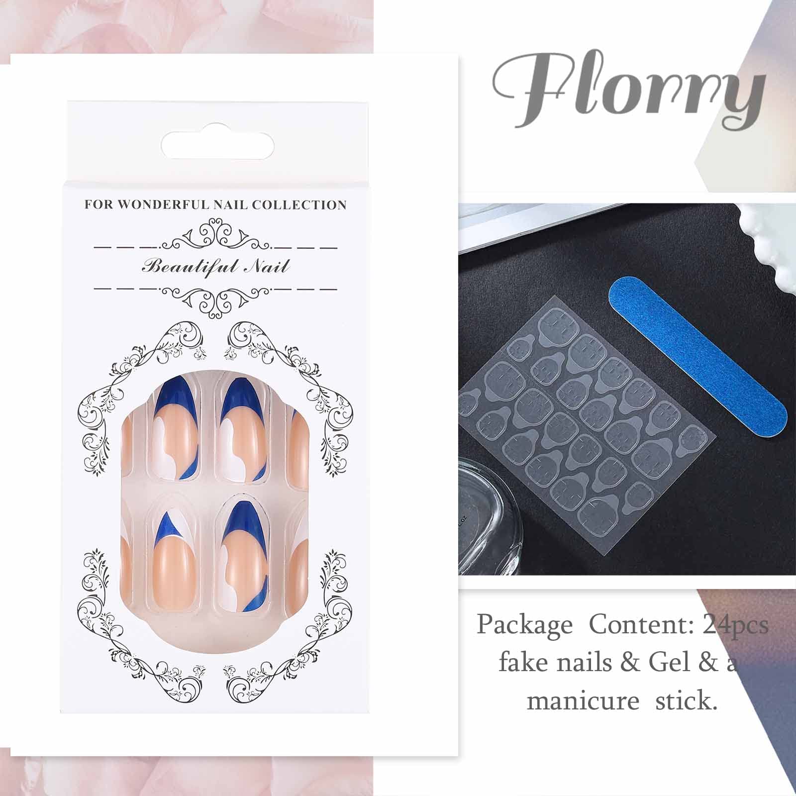 Florry Press on Nails - 24PCS Short Fake Almond French Tips Acrylic Nails, Glossy Full Cover Artificial Nails for Women and Girls | Perfect for Parties, Weddings, Daily Wear & Special Occasions
