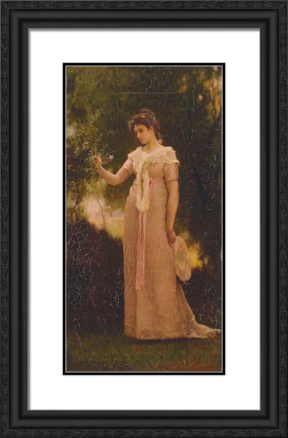 Marcus Stone 'A Girl in a Garden' 16x24 Inch Black Ornate Framed Art Print with Double Matting - Vintage Home Decor, Living Room Wall Art, Bedroom Painting, Gift for Art Lovers