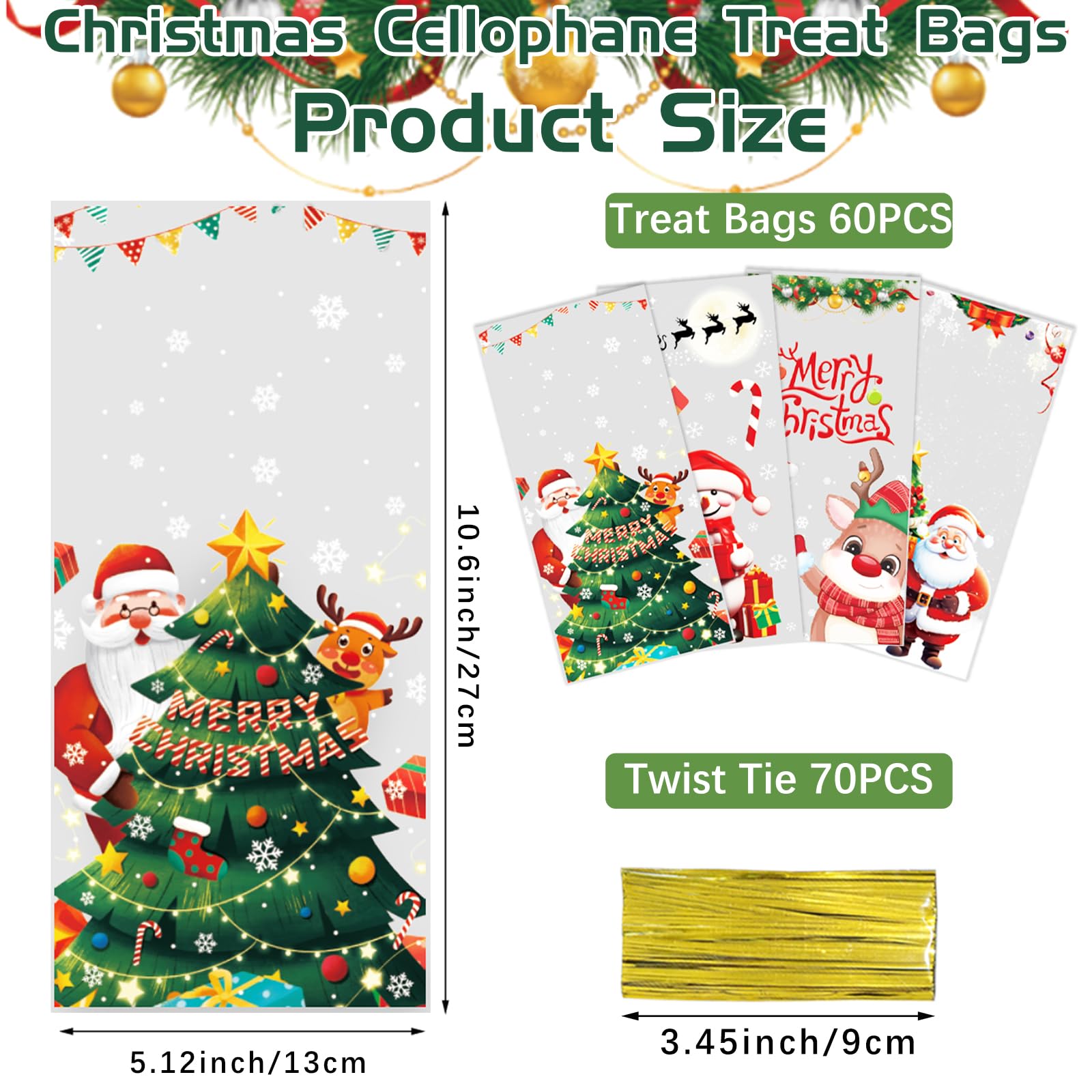 60 PCS Clear Christmas Treat Bags with Ties - Cellophane Candy Bags for Holiday Snacks, Gifts & Party Favors | 4 Styles | Perfect for Christmas Parties, Gift Wrapping & Goodie Bags