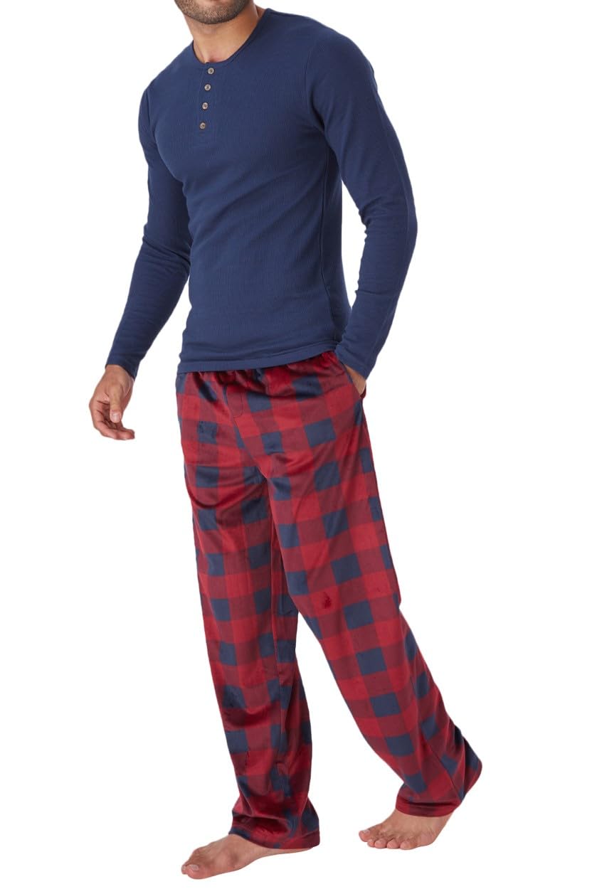 DOCKERS Men's Plaid Pajama Set - Waffle Henley Long Sleeve Shirt & Comfortable PJ Pants for Lounge, Sleep & Relaxation at Home