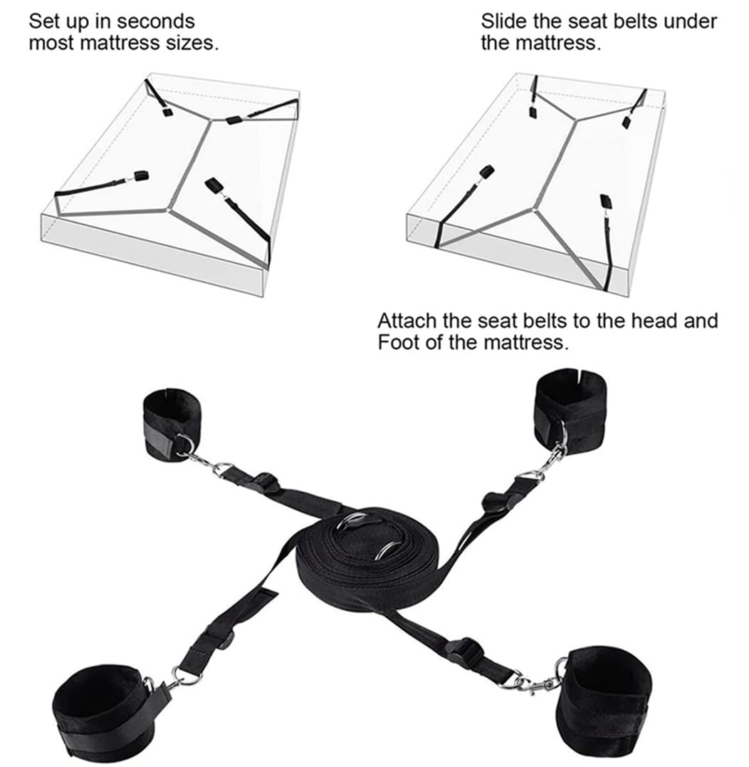 King Size Bed Bondage Restraints Kit for Couples - Under Mattress Wrist & Ankle Cuffs, Sex Tie Downs, Hand Ties & Leg Spreader Bar - Adult Play Accessories for BDSM, Role Play & Spicing Up Your Bedroom