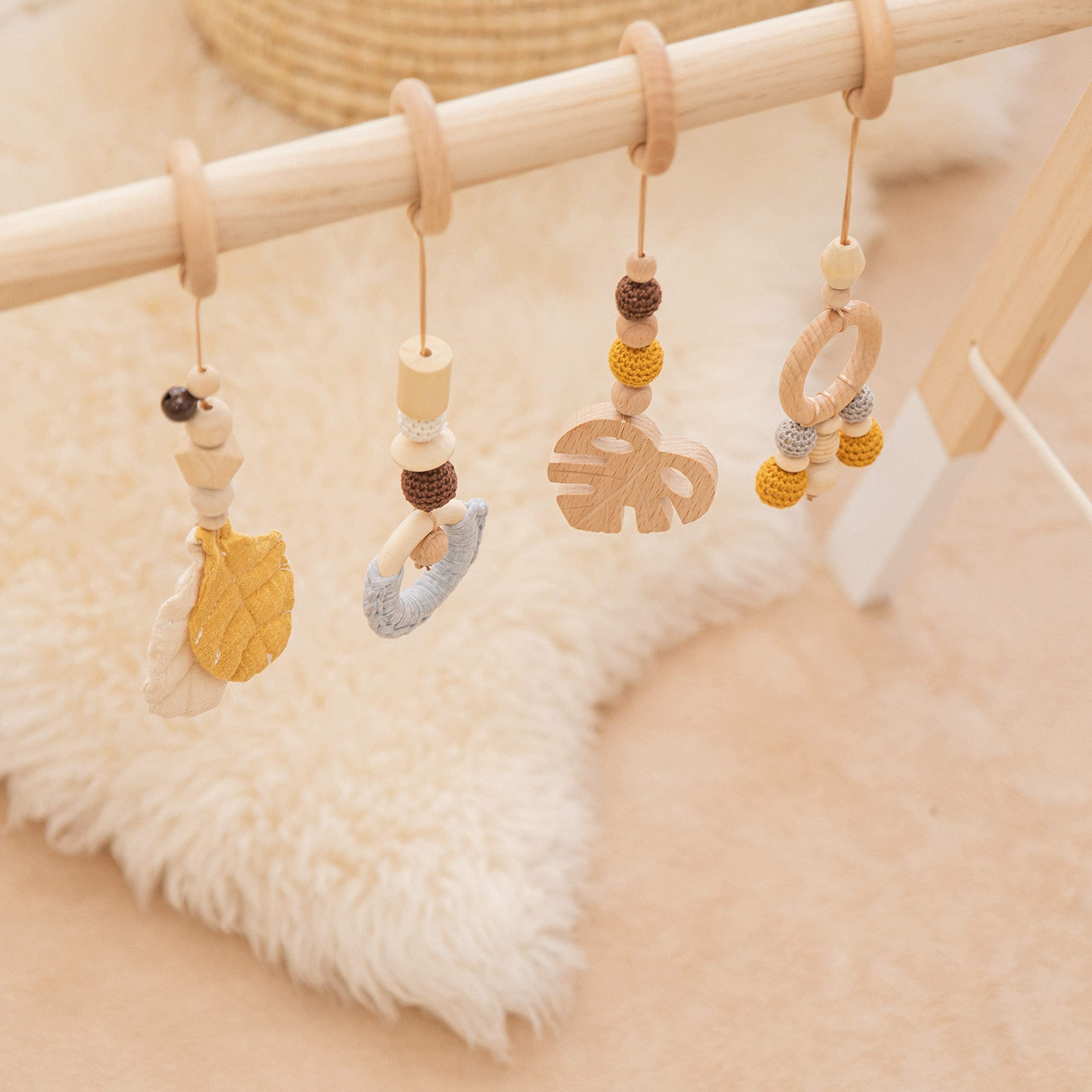 Organic Wooden Baby Play Gym with 4 Hanging Toys - Foldable Activity Center for Newborns & Infants - Montessori Learning Toy for Tummy Time & Sensory Development - Perfect Baby Shower Gift for Nursery or Playroom