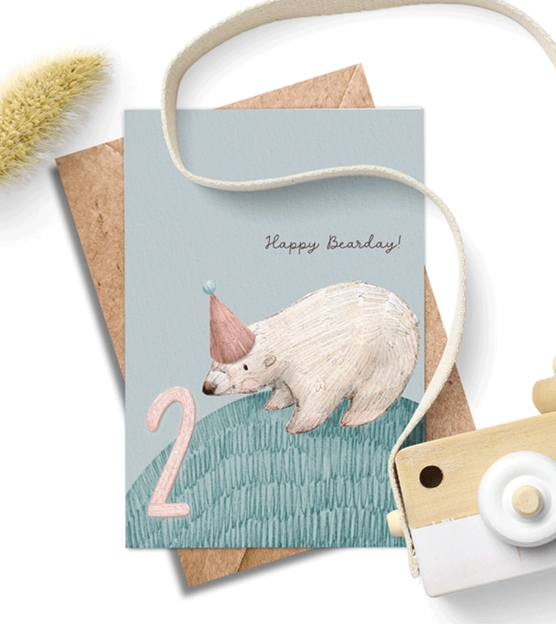 Age 2 Bear Birthday Card - Handmade Greeting Card for Toddler's 2nd Birthday - Perfect for Birthday Parties, Baby Showers & Keepsake Gifts