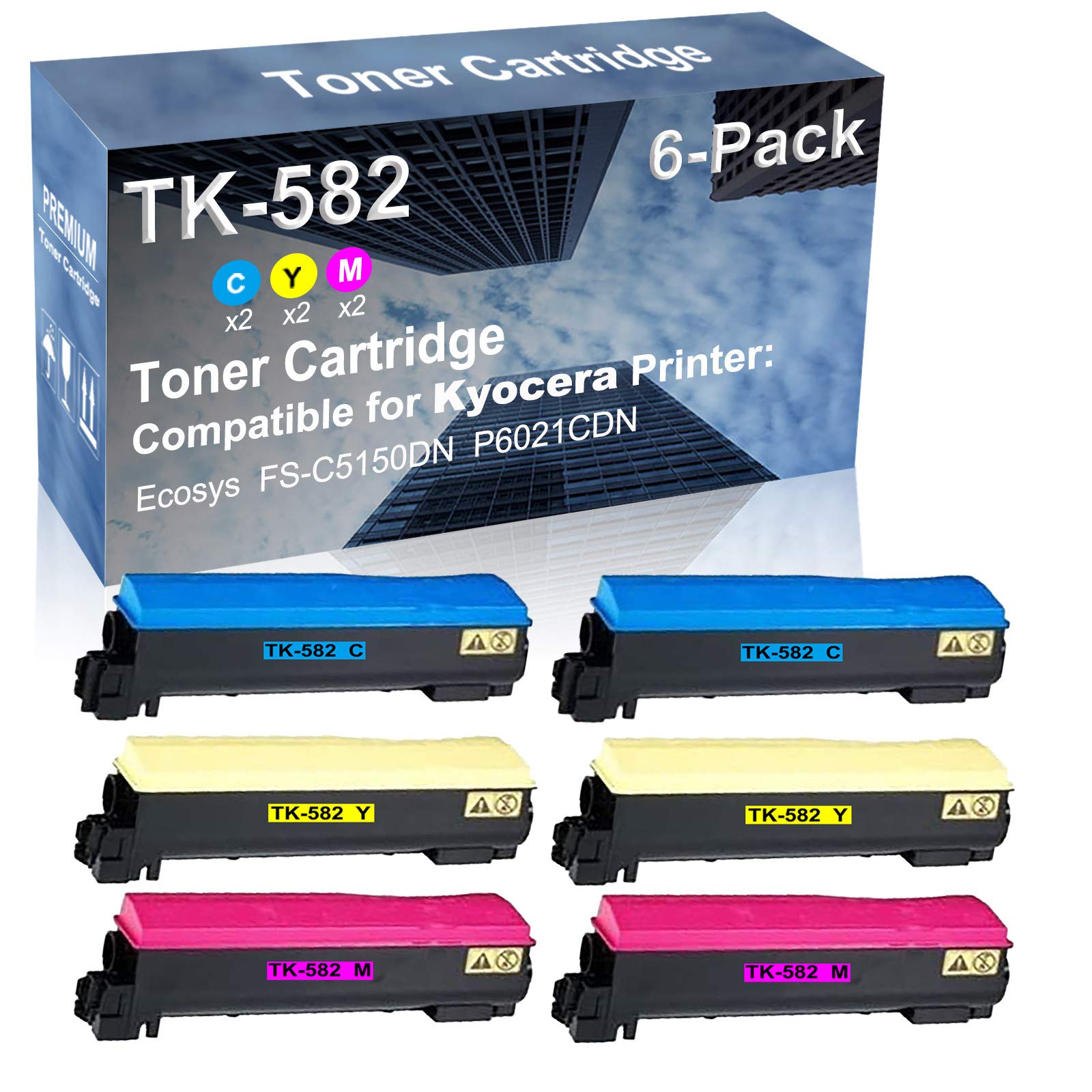 6-Pack (2C+2Y+2M) High Yield TK582 (TK-582C+ TK-582Y+ TK-582M) Compatible Toner Cartridge for Kyocera FS-C5150DN & P6021CDN Laser Printers - Ideal for Office Printing, Business Documents & High-Volume Color Printing
