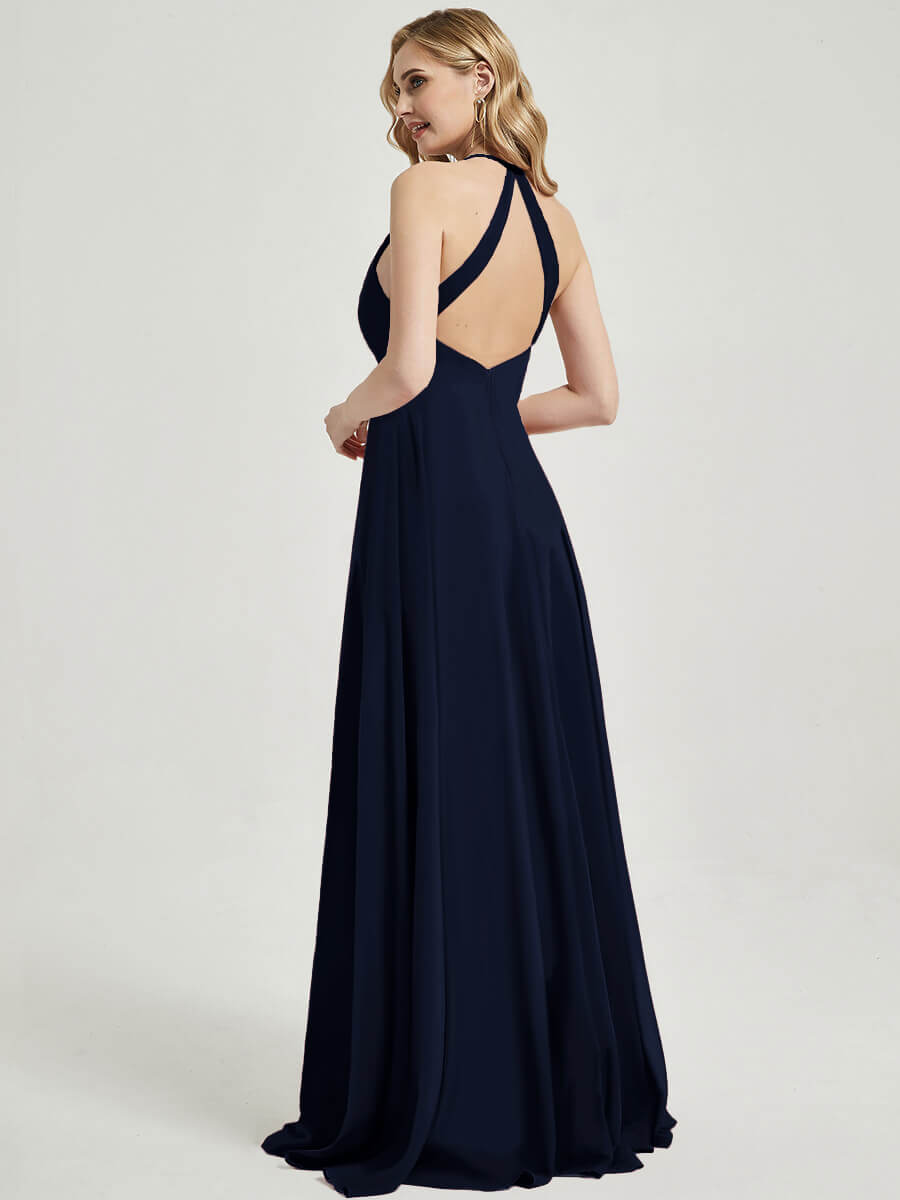 Elegant Dark Navy Pleated Halter V-Neck Backless Maxi Chiffon Bridesmaid Dress - Perfect for Weddings, Formal Events & Evening Parties