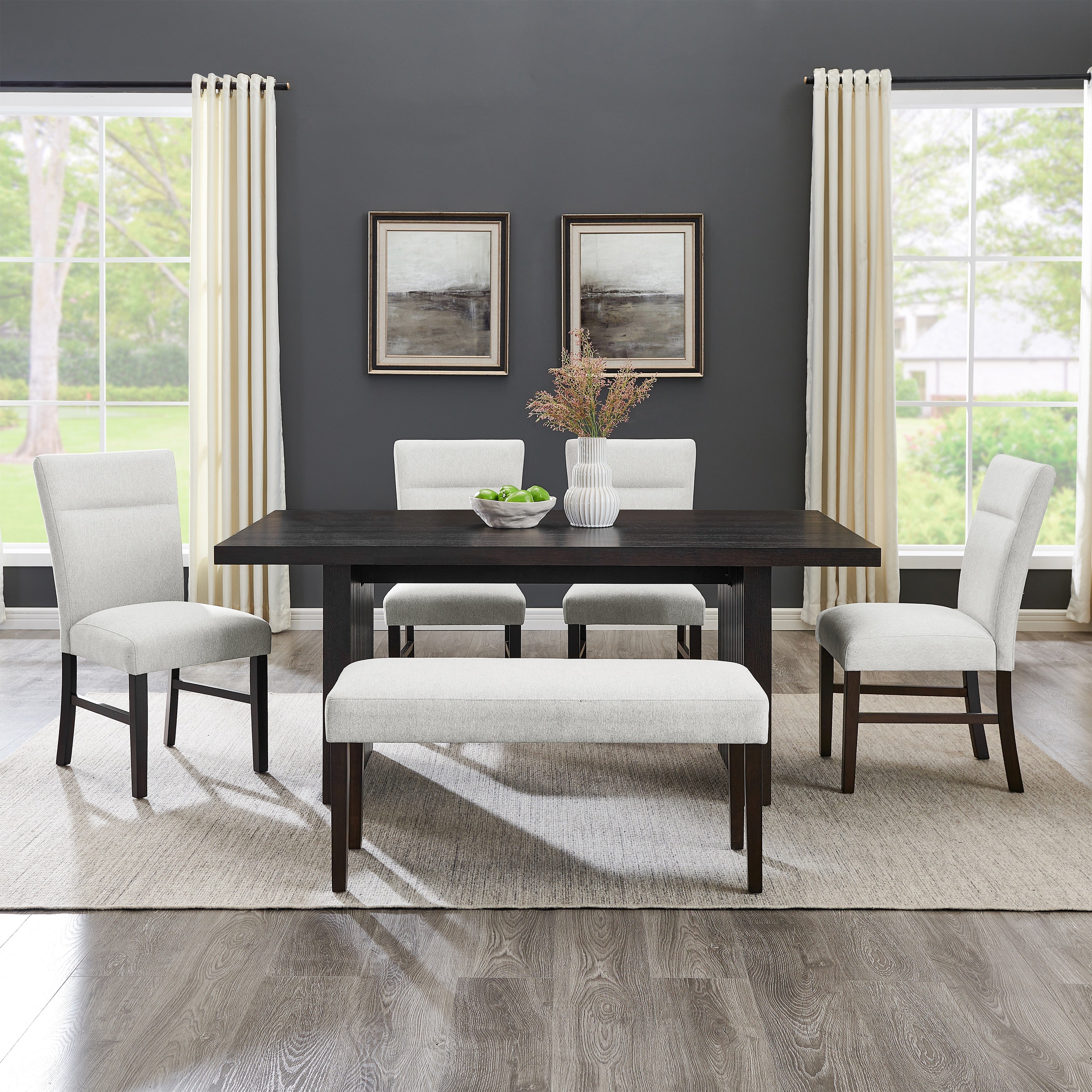 Roundhill Furniture Madison 6-Piece Dining Set - Gray Slat Fluted Dining Table with 4 Chairs & Bench | Perfect for Kitchen, Dining Room & Small Spaces