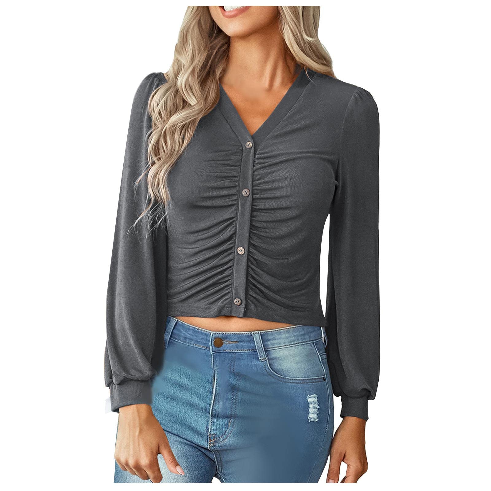 Women's Long Sleeve Crop Top - Button Front Ruched Tunic Blouse | Elegant Flowy Y2K Slim Fit Tee Shirt | Perfect for Casual Outings, Date Nights & Layered Fall Outfits