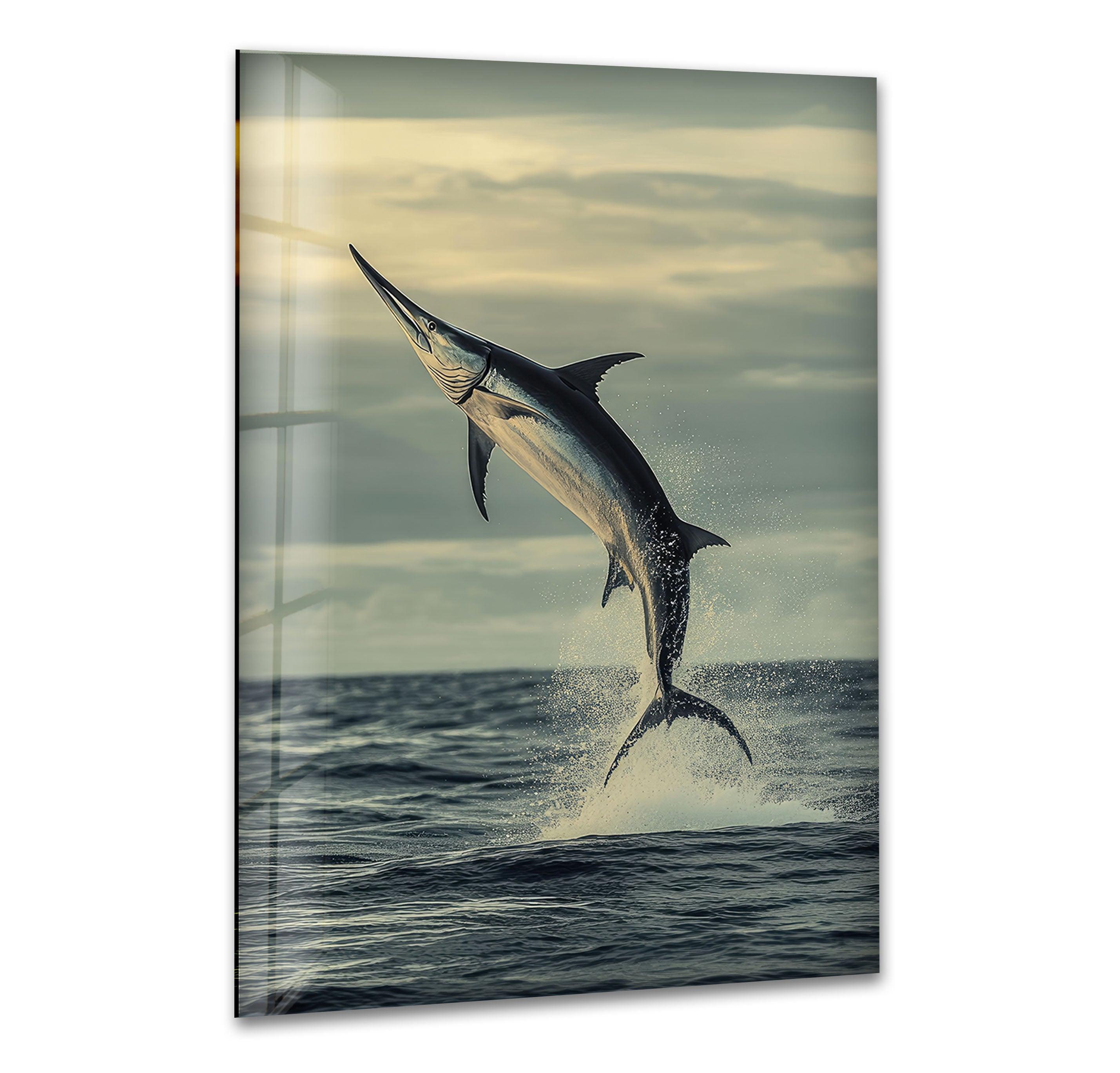 Handcrafted Swordfish Glass Wall Art - Ocean Themed Home Decor for Living Room, Bedroom & Office - Unique Sea Life Gift Idea