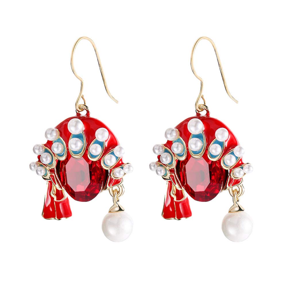 Happyyami Chinese Peking Opera Crystal Pearl Tassel Earrings - Phoenix Crown Dangle Drop Hook Earrings for Women | Traditional Asian Jewelry Gift for Birthday, Cosplay, Stage Performance (Red)