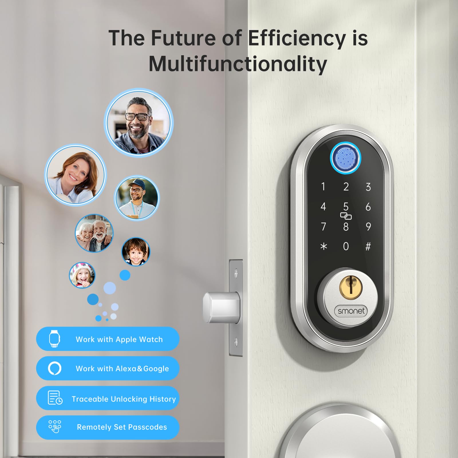SMONET Smart Deadbolt - Fingerprint & Keypad Electronic Door Lock with Bluetooth, Keyless Entry & App Control - Secure Your Home with Ekeys Sharing - Perfect for Apartments, Vacation Homes & Smart Home Integration