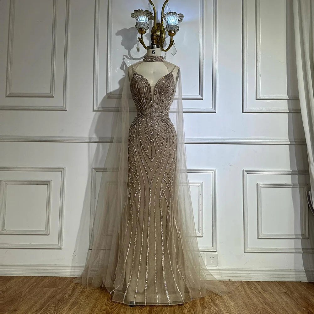 Luxury Dubai Saudi Caramel Mermaid Arabic Evening Dresses with Beaded Cape Sleeves - Formal Gowns for Weddings, Galas & Special Occasions LA72852
