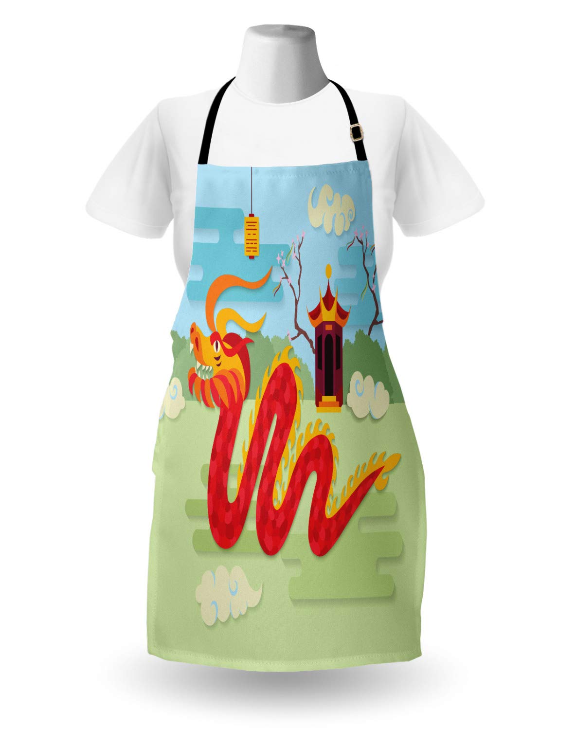 Ambesonne Dragon Apron - Chinese Pavilion Design for Cooking, Baking, Gardening