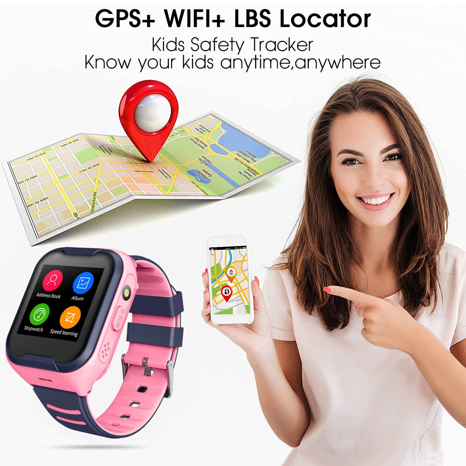 4G GPS Kids Smart Watch - Waterproof Touch Screen Smartwatch with GPS Tracker, Video Call, Camera, SOS Alarm & Pedometer - Real-Time Location Tracking for Boys & Girls - Perfect Gift for Birthday & Outdoor Activities (Pink)