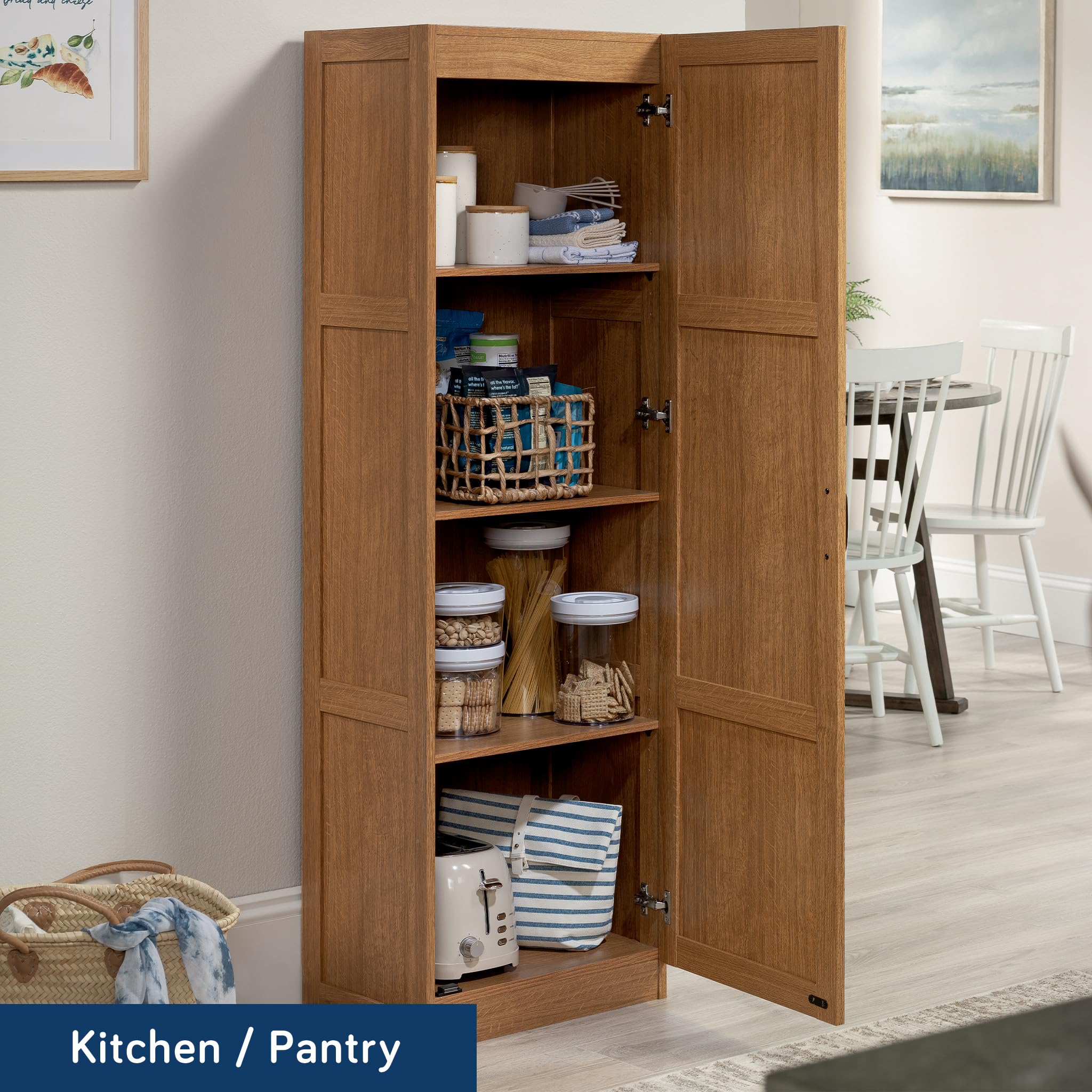 Sauder Storage Cabinet with Adjustable Shelves - Highland Oak Finish Pantry Organizer for Kitchen, Bathroom, or Office Use