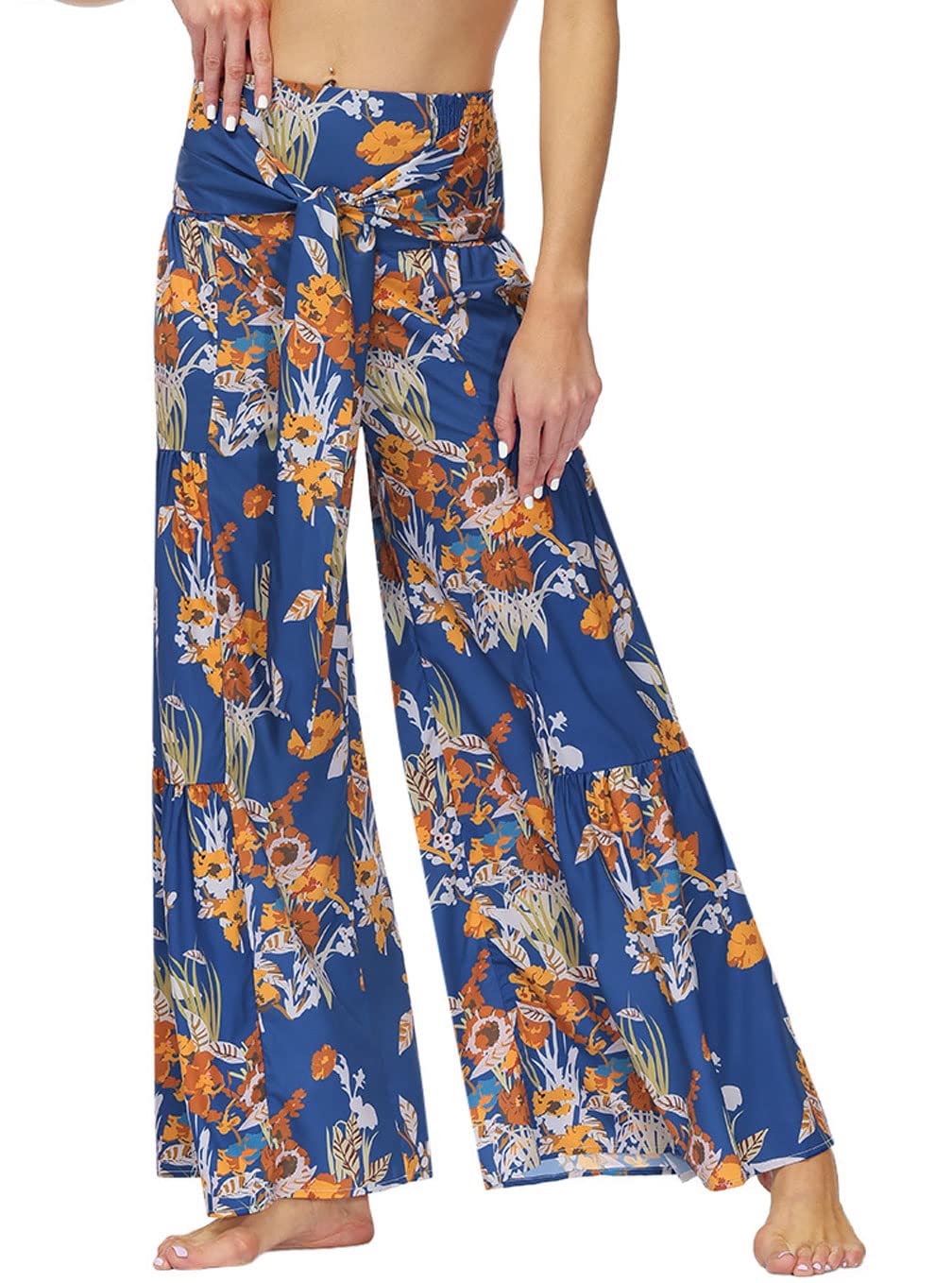 GGUHHU Women's High Waist Wide Leg Beach Pants - Floral Print Pleated Palazzo Pants with Adjustable Belt | Perfect for Vacation, Summer Outfits & Boho Style