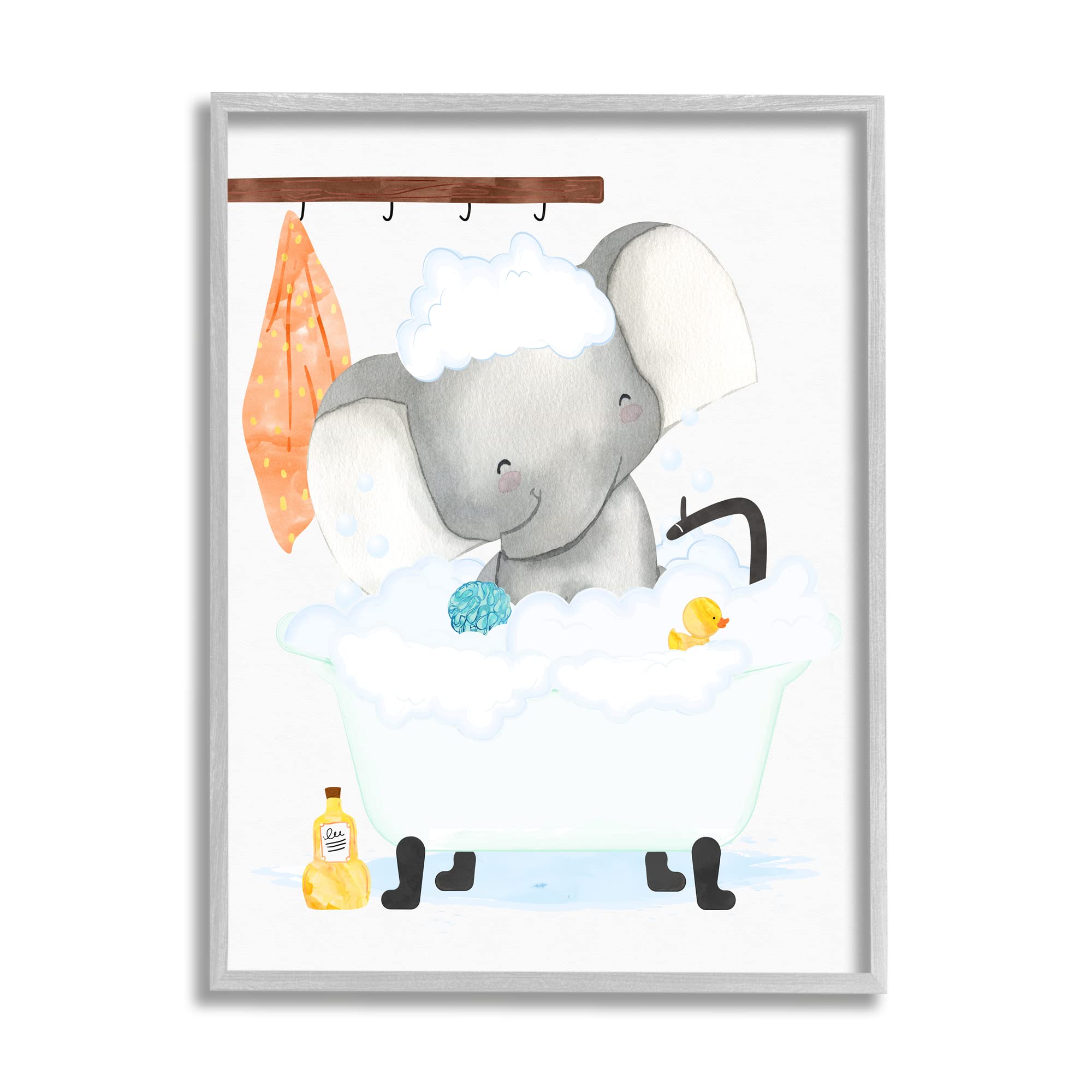 Stupell Industries Baby Elephant Bubble Bath Rubber Duck Framed Wall Art - Grey & White Nursery Decor for Kids' Bathroom & Baby Shower Gifts