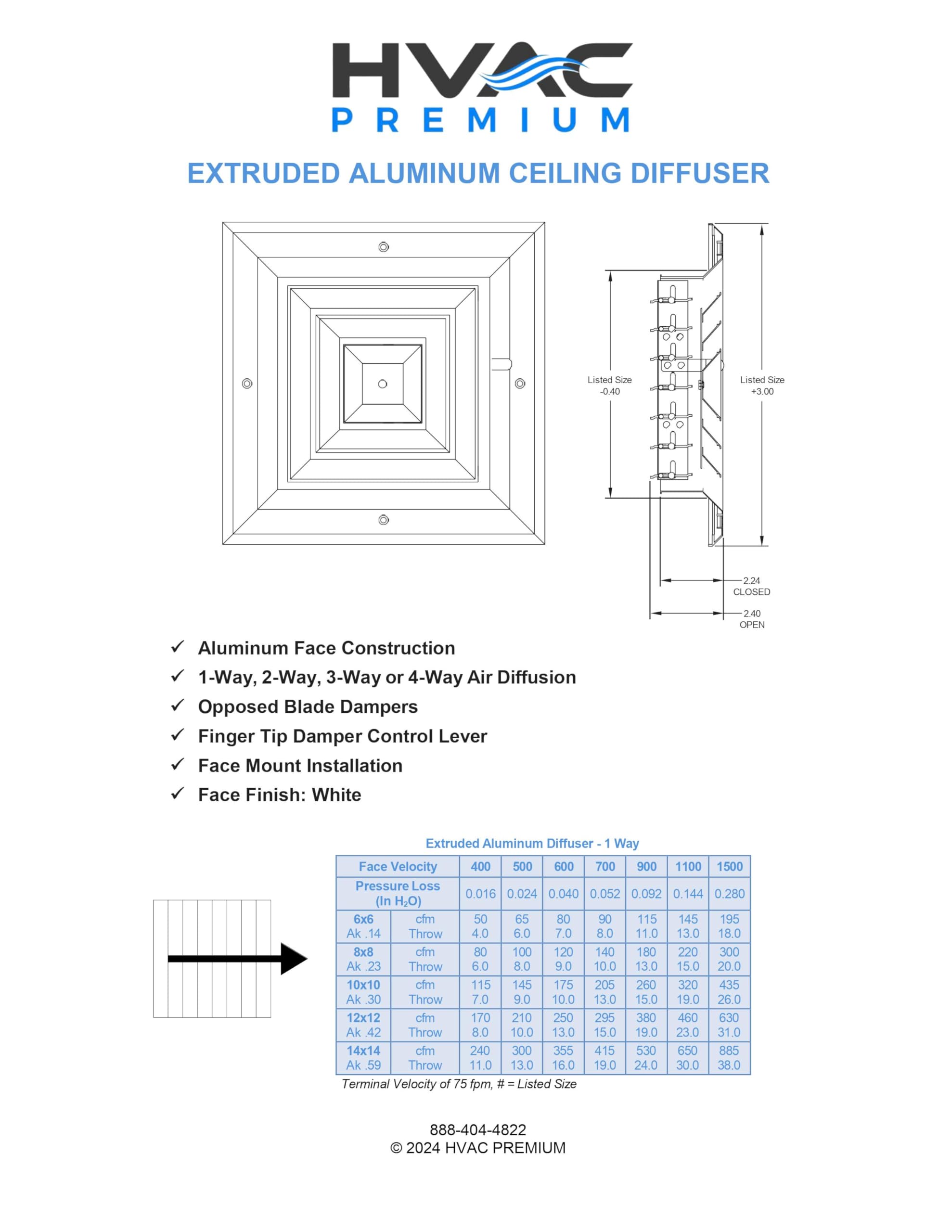 Premium 12x12 HVAC Vent Cover - 1 Way Extruded Aluminum Ceiling Diffuser Square (15