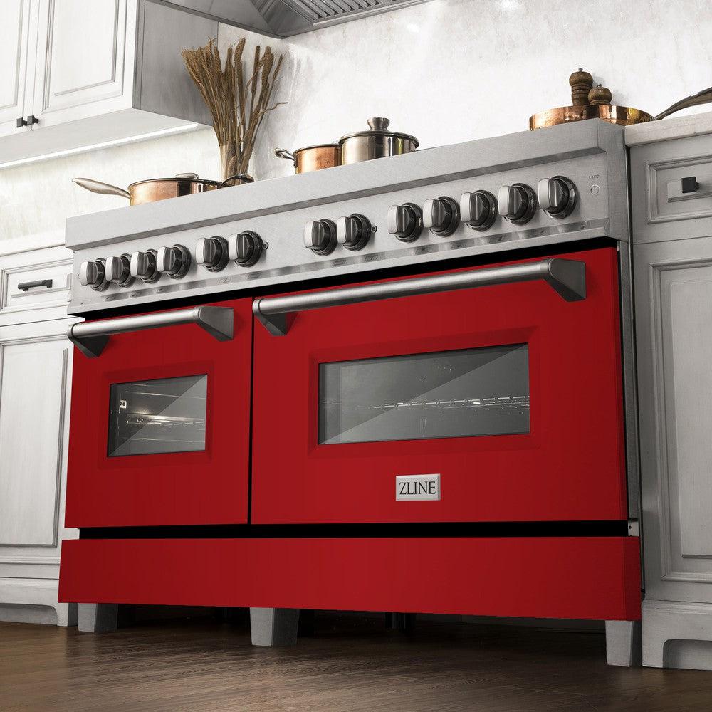 ZLINE 60-inch 7.4 cu. ft. Legacy Dual Fuel Range - 9 Burner Gas Cooktop & 2 Electric Convection Ovens - Satin Stainless Steel with Red Gloss Doors (RAS RG 60) - Perfect for Professional Home Chefs & Modern Kitchens