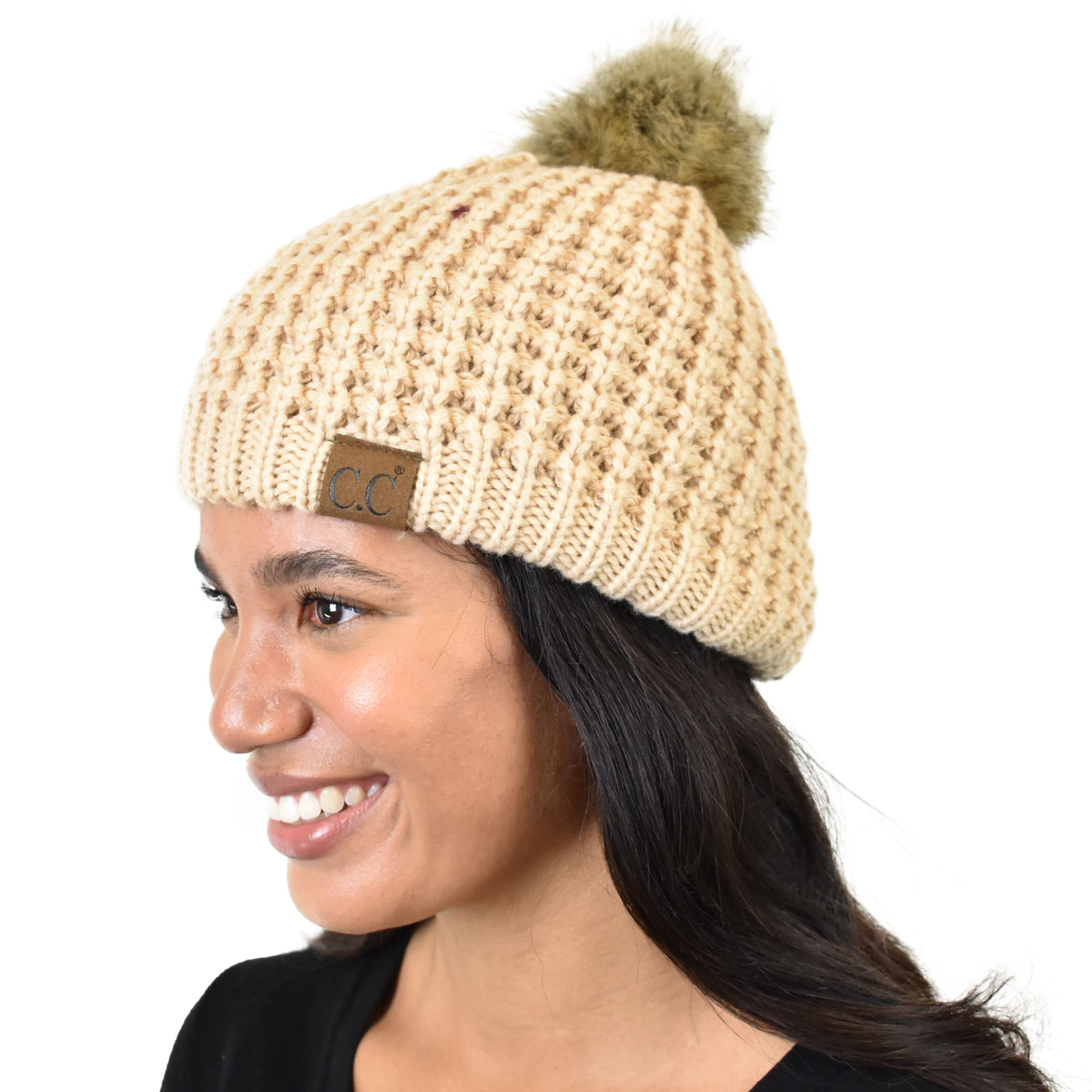 C.C Thick Waffle Knit Fleece Lined Faux Fur Pom Beanie Hat for Women - Winter Warm Fuzzy Hat for Cold Weather, Outdoor Activities & Fashion Accessories