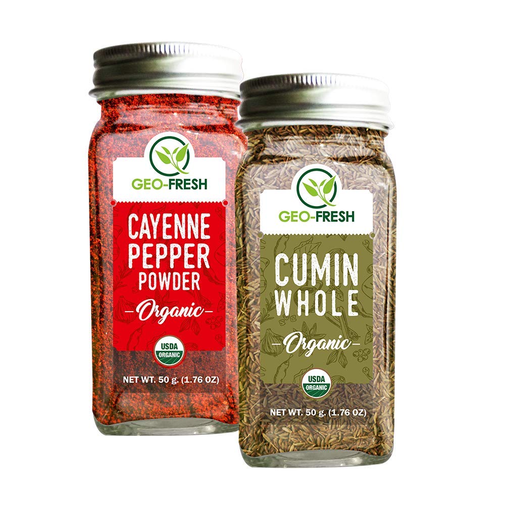 USDA Certified Organic Cayenne Powder & Cumin Whole Spice Combo (50g Each) - Perfect for Cooking, Seasoning & Healthy Recipes