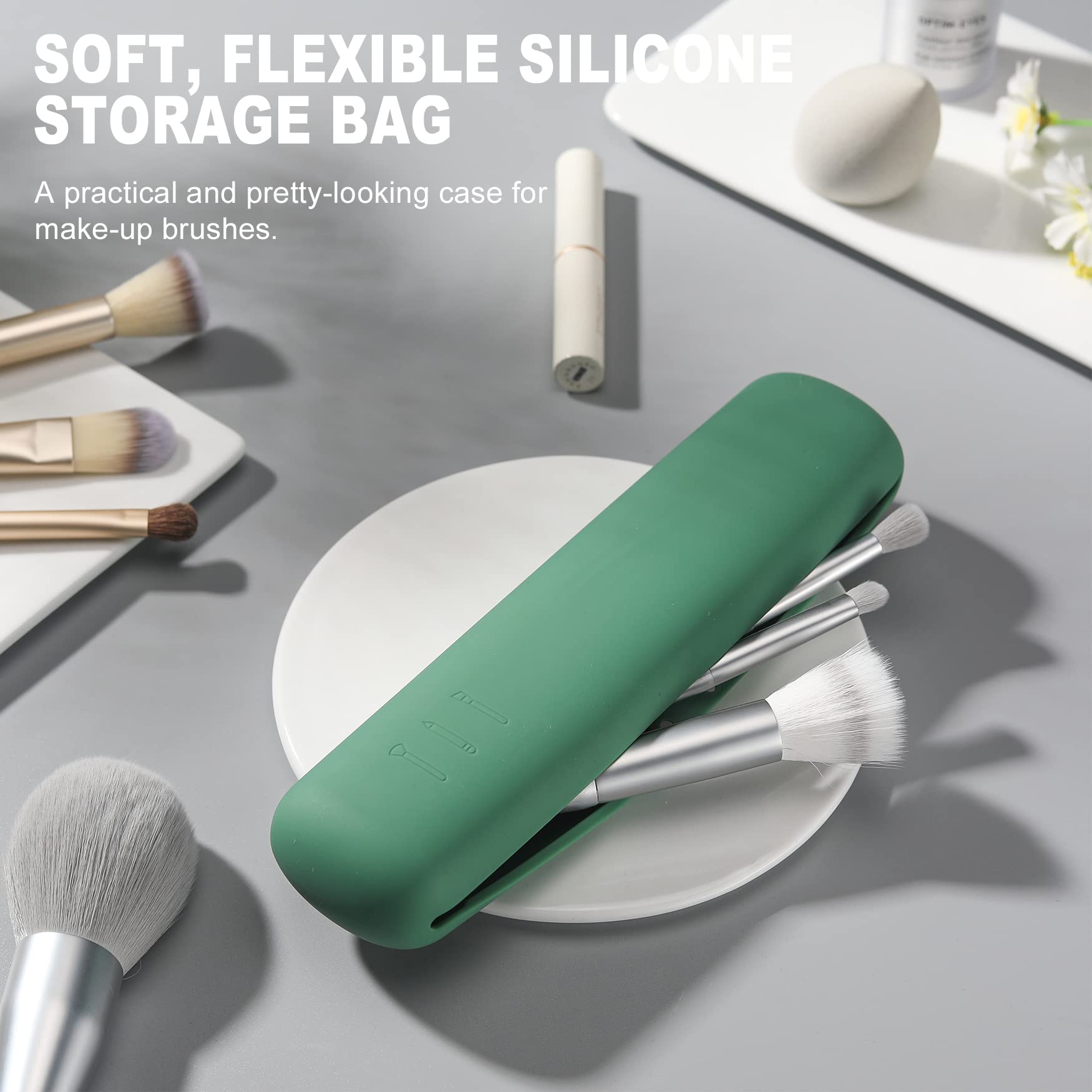 FVION Silicone Travel Makeup Brush Holder with Magnetic Closure - Portable Makeup Brush Organizer Pouch Case for On-the-Go Beauty (Green) | Perfect for Travel, Gym & Daily Cosmetics Storage
