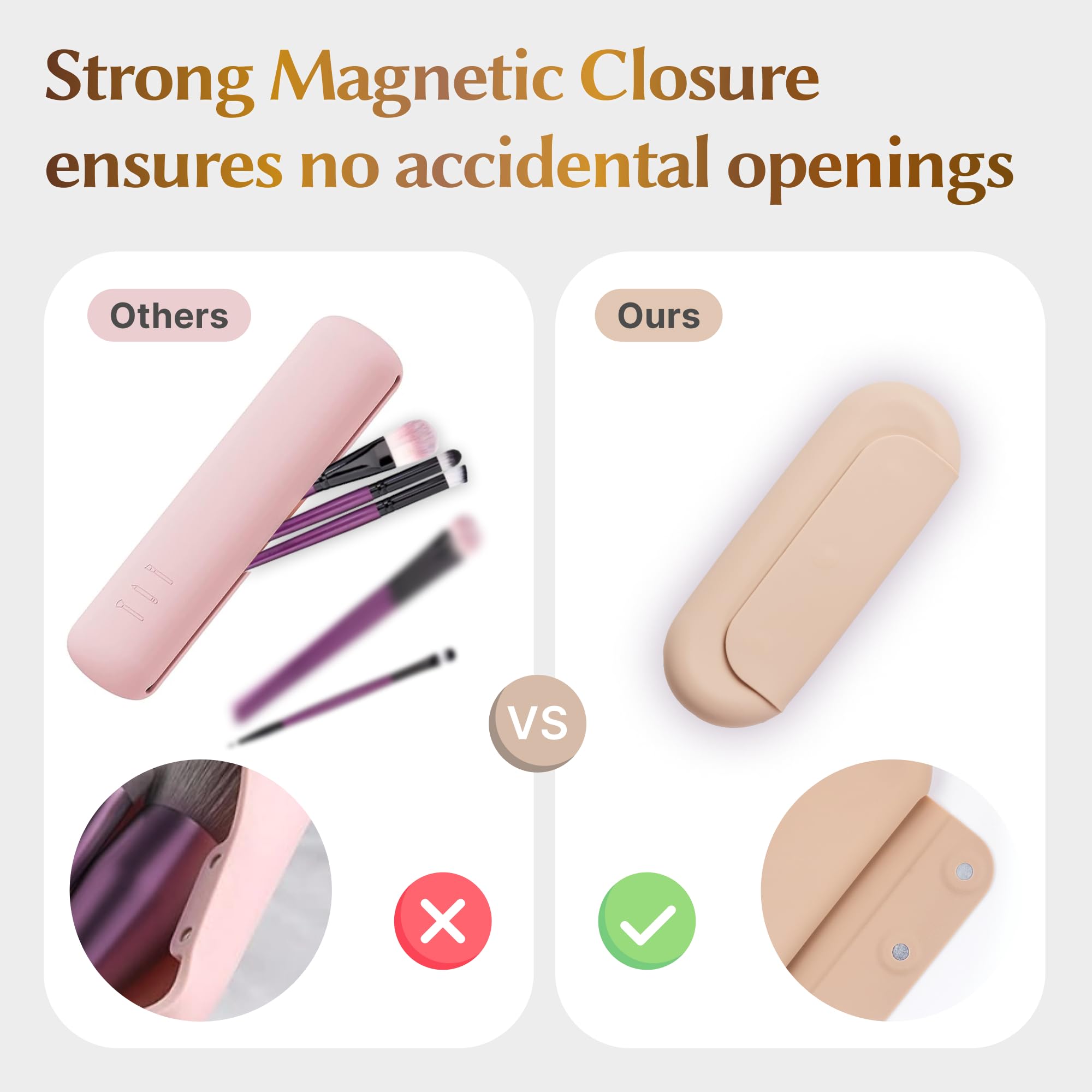 Premium Silicone Makeup Brush Holder - Travel-Friendly Magnetic Closure Cosmetic Organizer Case (Khaki) | Perfect for Home Vanity, Travel & On-The-Go Makeup Storage