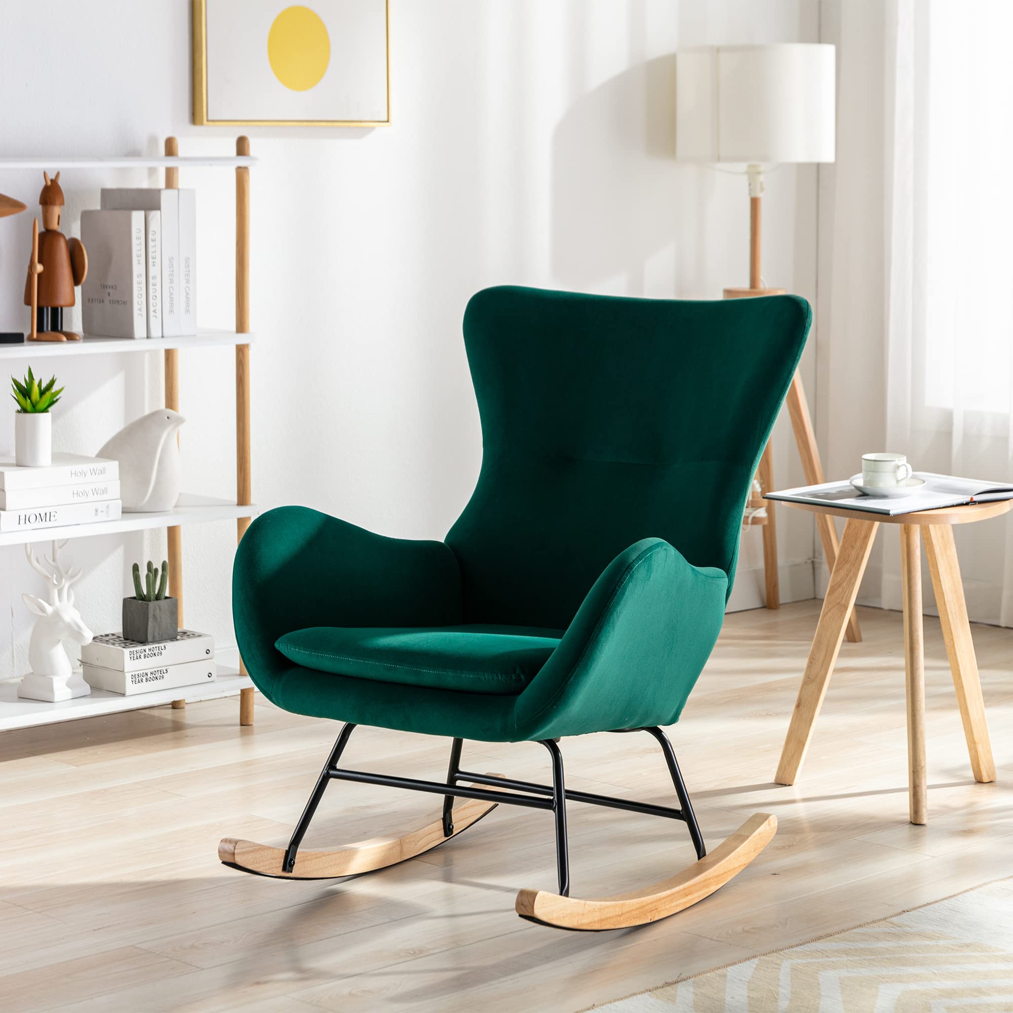 Luxury Velvet Fabric Padded Rocking Chair with High Backrest & Armrests - Comfortable Nursery Glider for Baby Room, Living Room or Bedroom - Perfect for Nursing, Reading & Relaxing