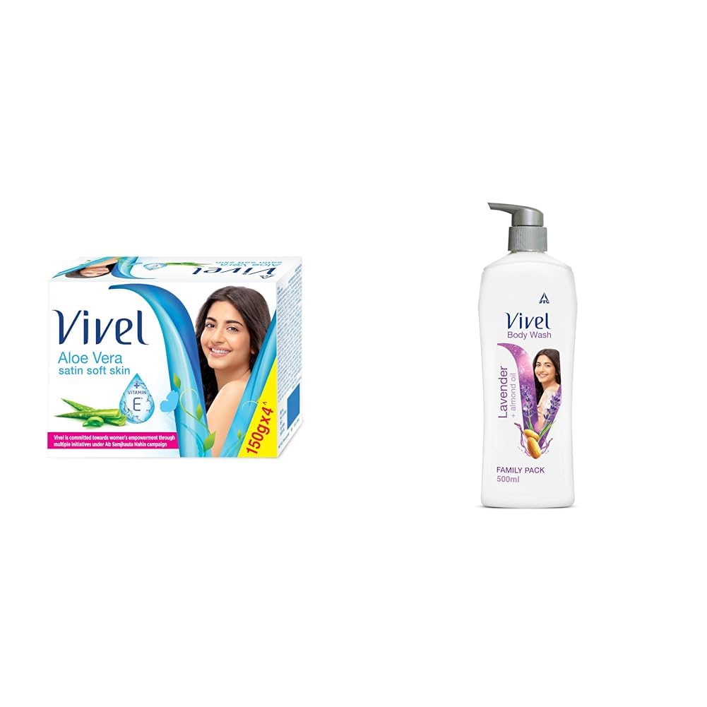 Vivel Aloe Vera & Vitamin E Bath Soap for Soft Glowing Skin - Refreshing Fragrance - 150g Combo Pack (4 Bars) + Lavender Almond Oil Body Wash 500ml - Moisturizing Shower Routine for Dry & Sensitive Skin - Perfect for Daily Use & Spa-Like Experience at Home