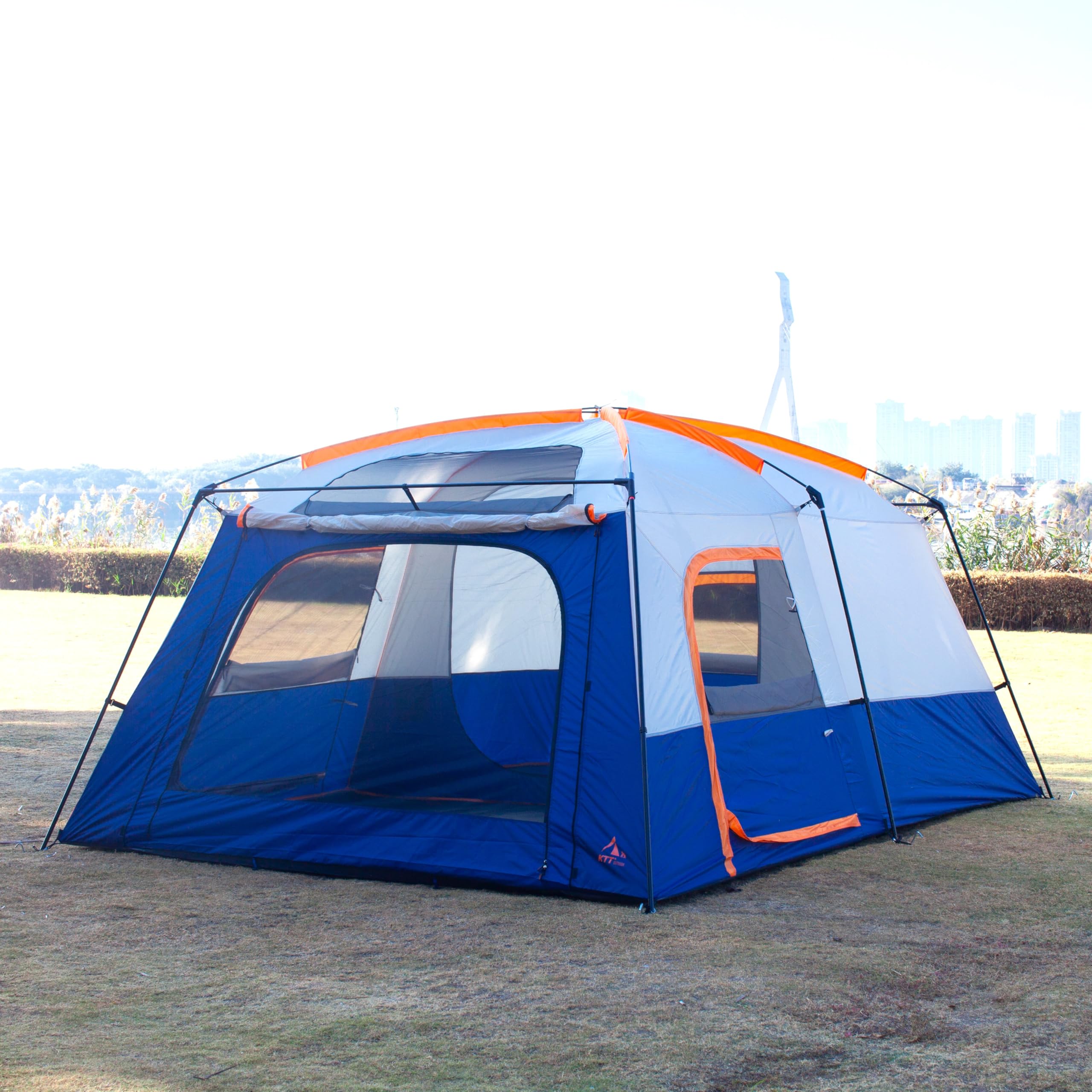 KTT Extra Large Family Cabin Tent for 10-14 People - 2 Rooms, 3 Doors & Windows with Mesh, Waterproof Double Layer Straight Wall Design - Perfect for Camping, Picnics, Outdoor Adventures & Family Gatherings