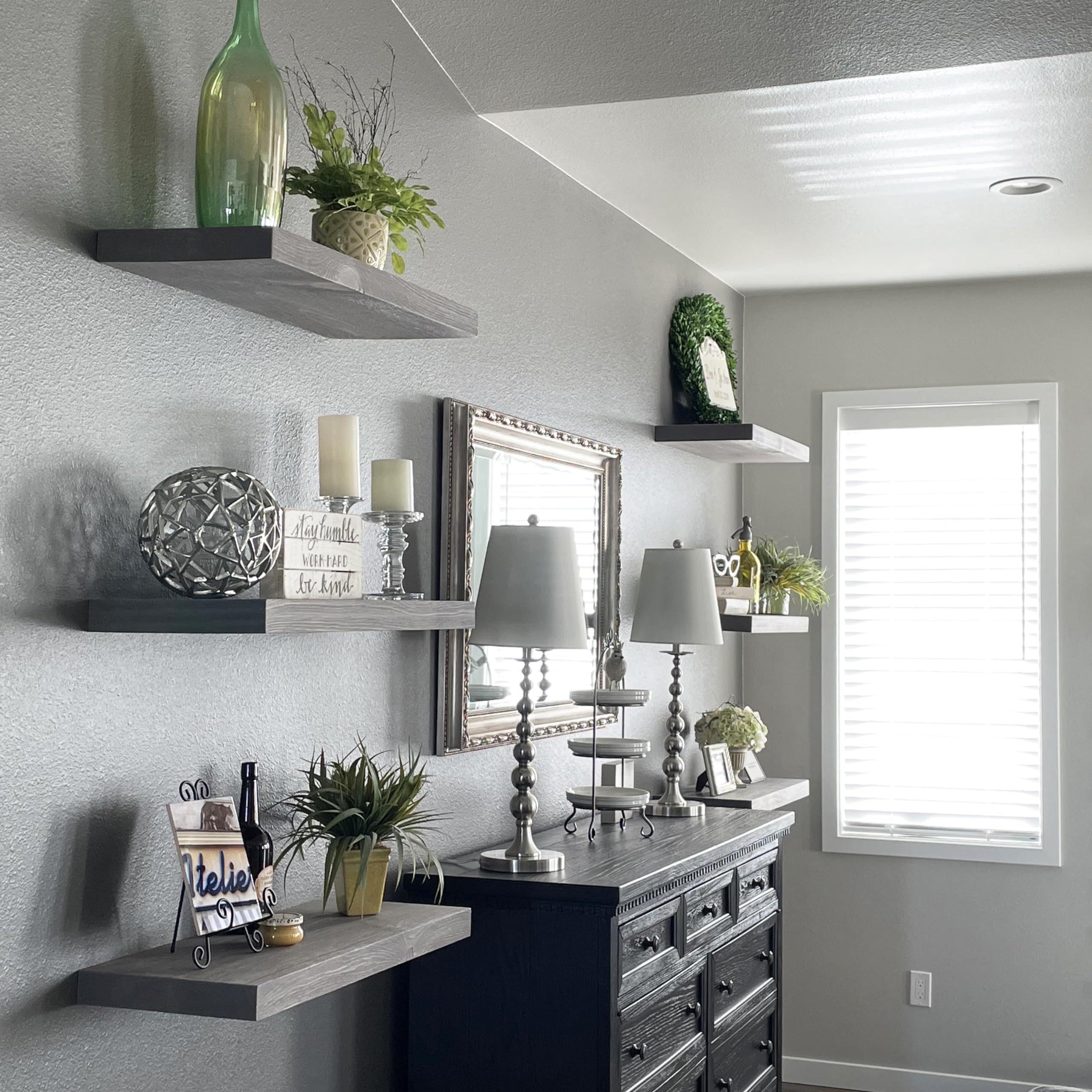 Joel's Antiques - 36 Inch Natural Wood Floating Shelves for Wall | Heavy Duty Rustic Wall Shelves (36x12x2 Inches) | Perfect for Bedroom, Living Room & Kitchen Decor | Gray Wooden Shelves for Books, Plants & Home Organization