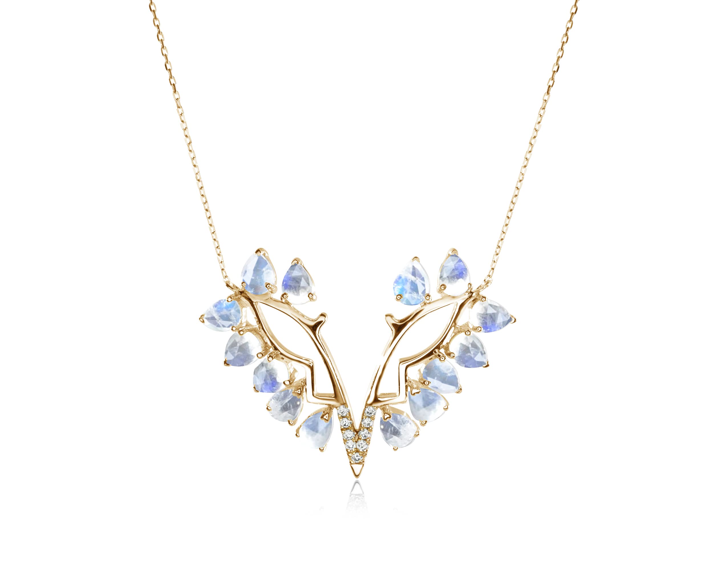 Moonstone Diamond Pendant Necklace - Butterfly June Birthstone Gold Necklace - Elegant Cluster Teardrop Wing Necklace for Women | Perfect Gift for Birthday, Anniversary & Special Occasions