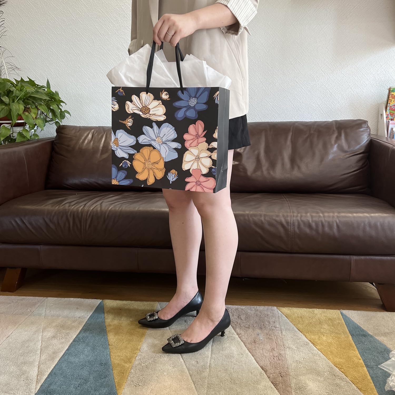 AMROSE 13'' Floral Gift Bags 3PK with Card - Recyclable for Birthdays & Weddings