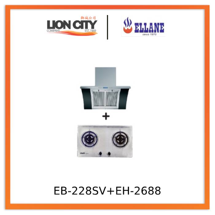 Ellane EH 2688 90cm Stainless Steel Chimney Range Hood with Arch Glass & EB 228SV 75cm 2-Burner Stainless Steel Cooktop - Modern Kitchen Ventilation System for Home Cooking and Smoke Removal