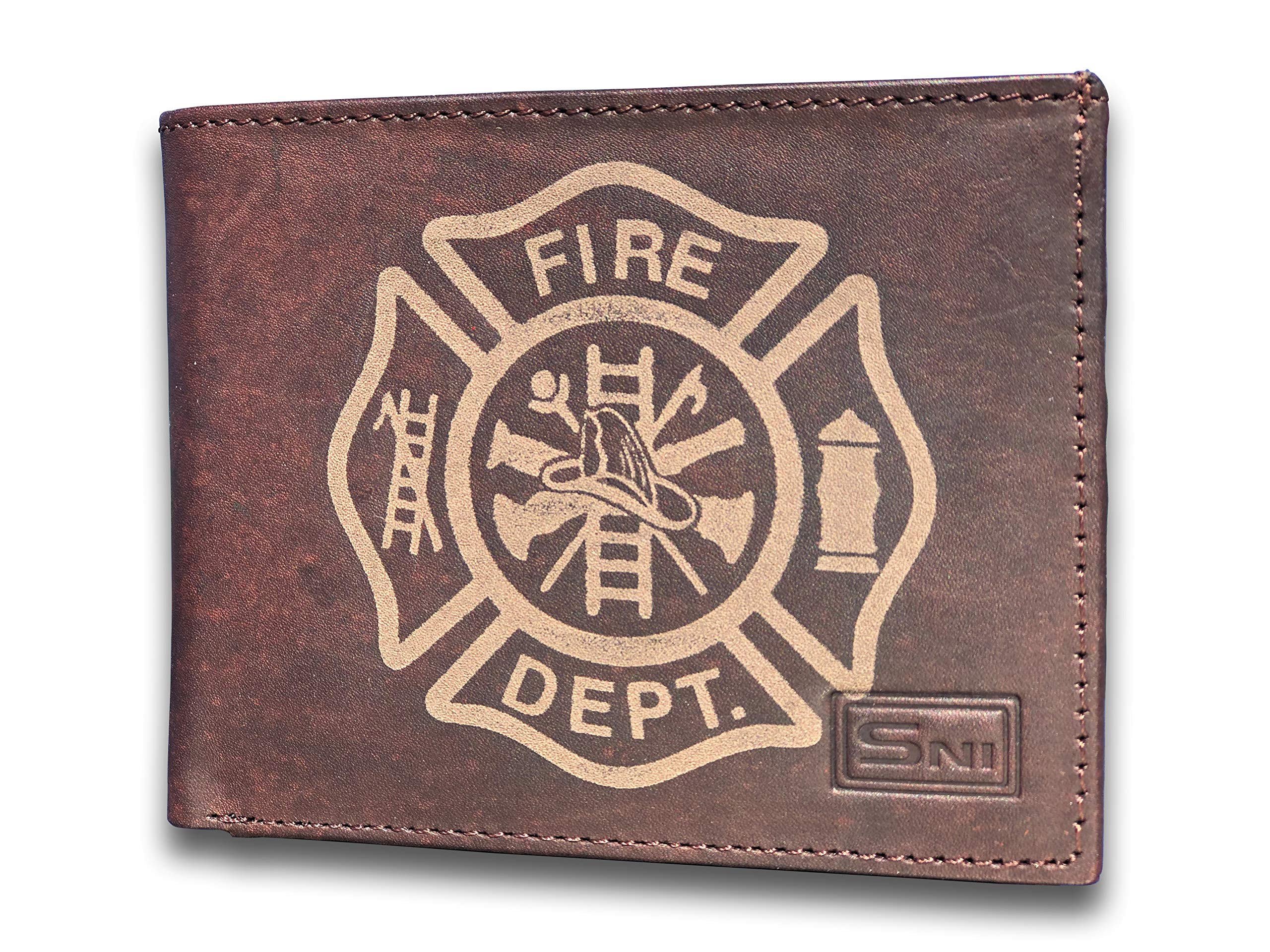 Genuine Cowhide Leather Slimfold Wallet for Men - Large Capacity Luxury Minimalist Credit Card Holder with 14 Pockets - Laser Engraved Fire Dept Maltese Design - Perfect for Everyday Carry, Travel & Business (Brown)