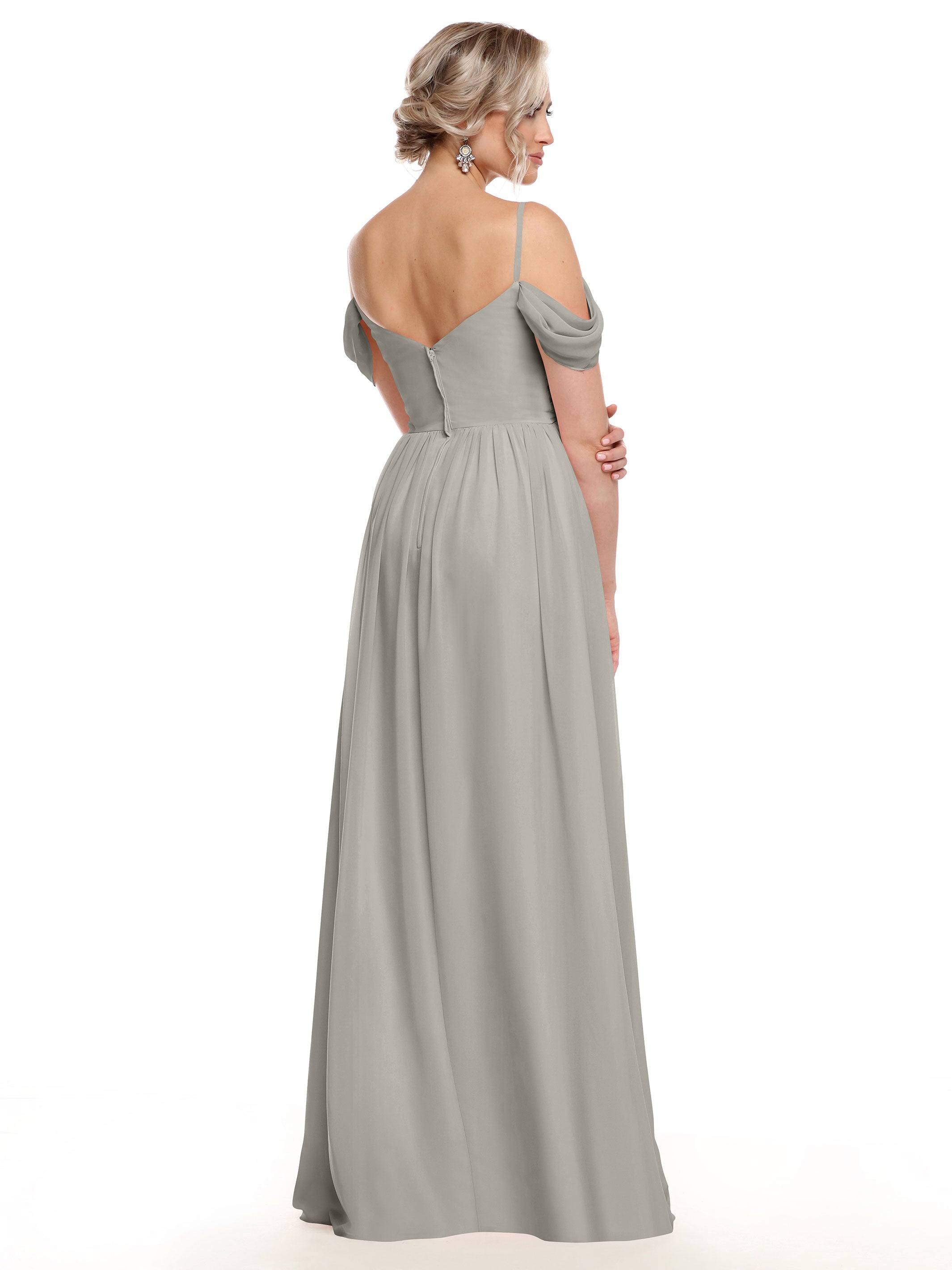 Elegant 80142 Off-The-Shoulder Chiffon Bridesmaid Dress with Spaghetti Straps - Perfect for Weddings, Formal Events & Evening Parties