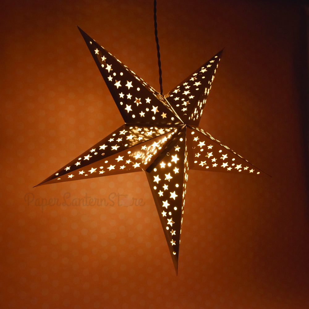 26 Silver Foil Cut-Out Paper Star Lanterns - Elegant Hanging Decor for Weddings, Parties & Home - Perfect for Indoor/Outdoor Events & Boho-Themed Celebrations