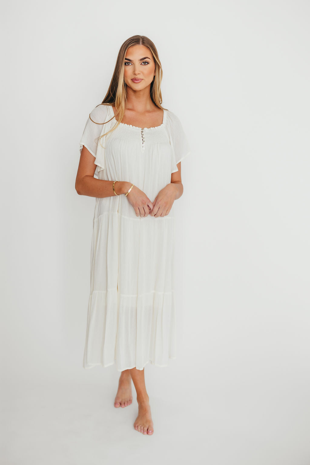 Eloise Flutter Sleeve Midi Dress - Off White Women's Boho Summer Dress for Beach, Wedding & Casual Wear